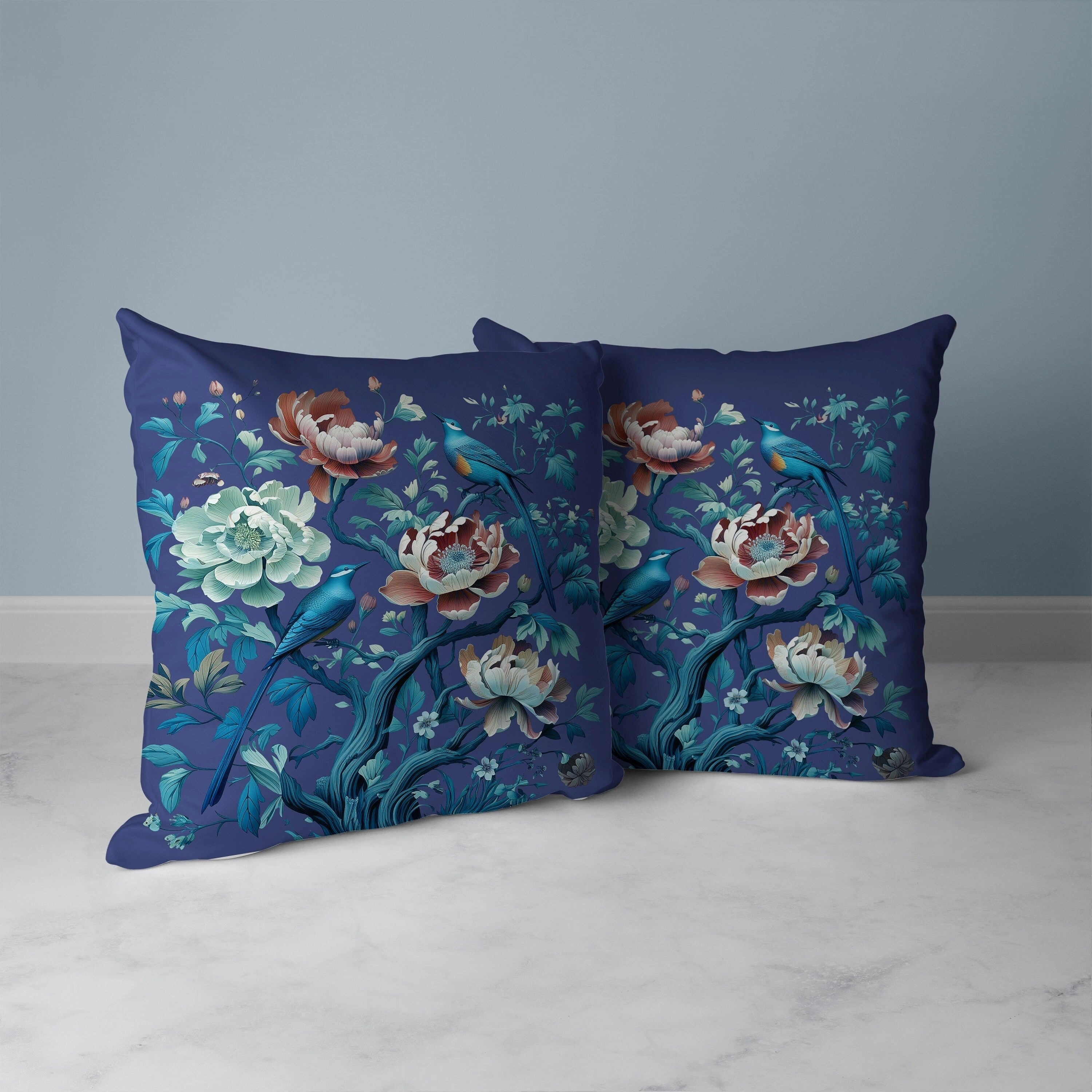 Botanical Bird Ensemble Faux Suede Reversible Throw Pillow Blue and Red