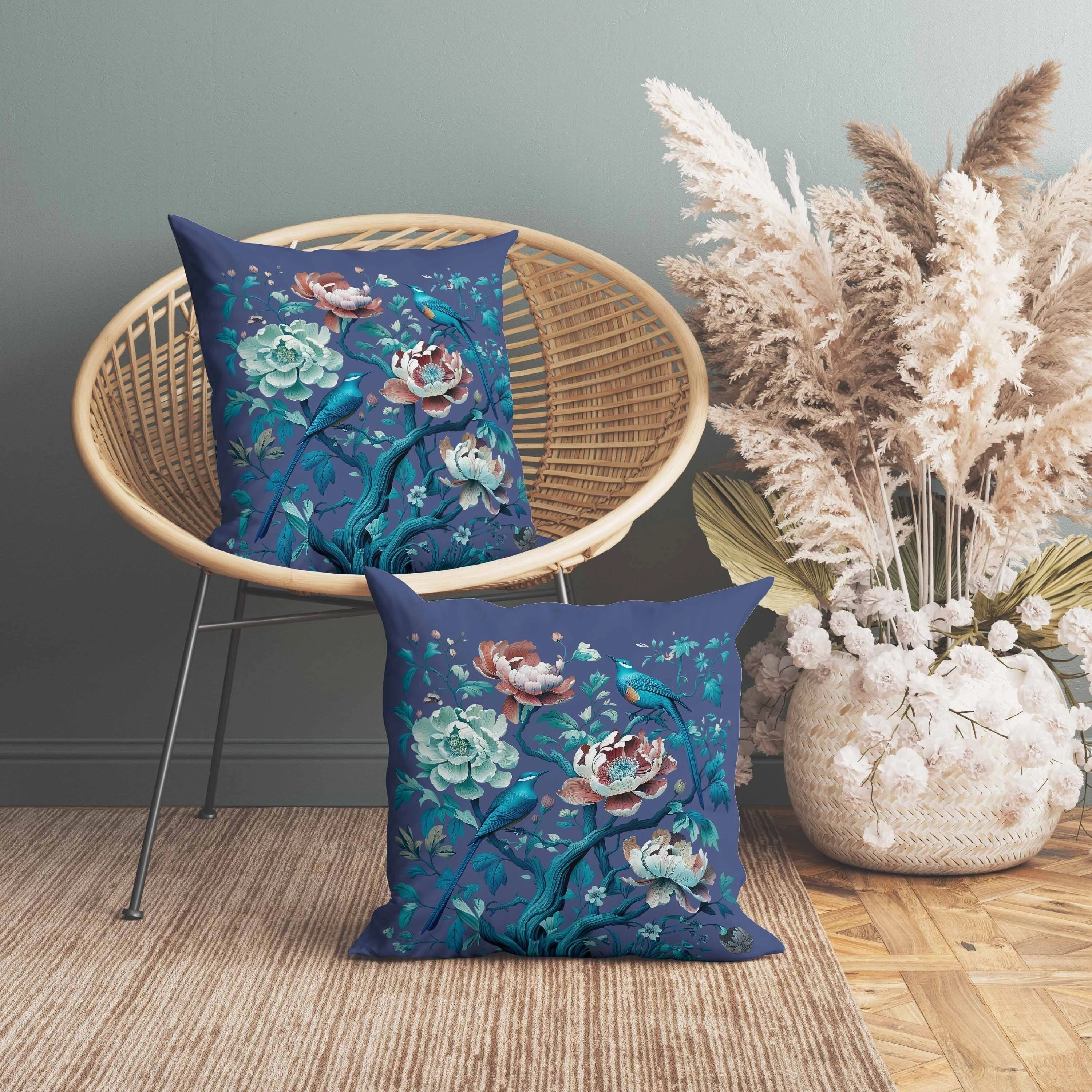 Botanical Bird Ensemble Faux Suede Reversible Throw Pillow Blue and Red