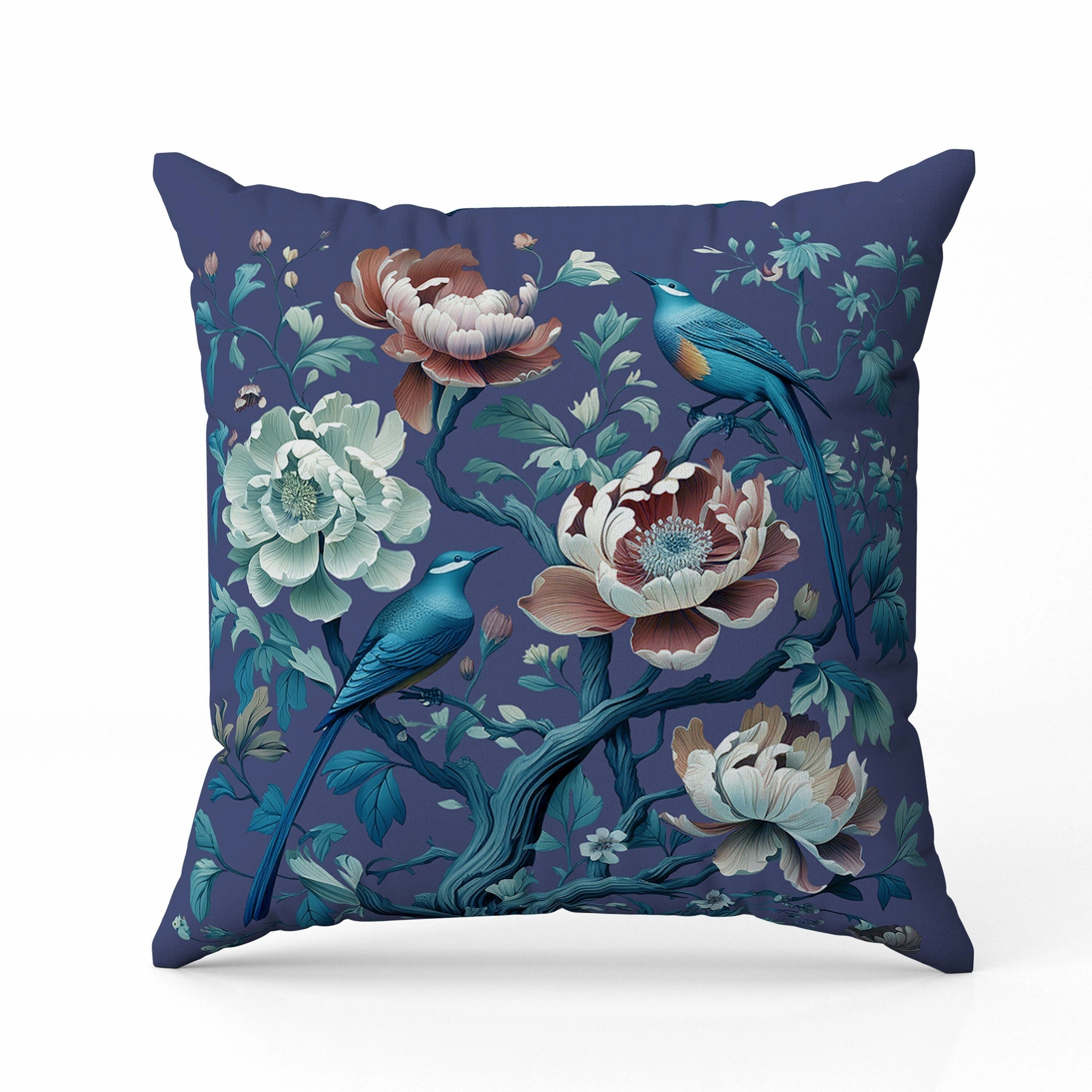 Botanical Bird Ensemble Faux Suede Reversible Throw Pillow Blue and Red