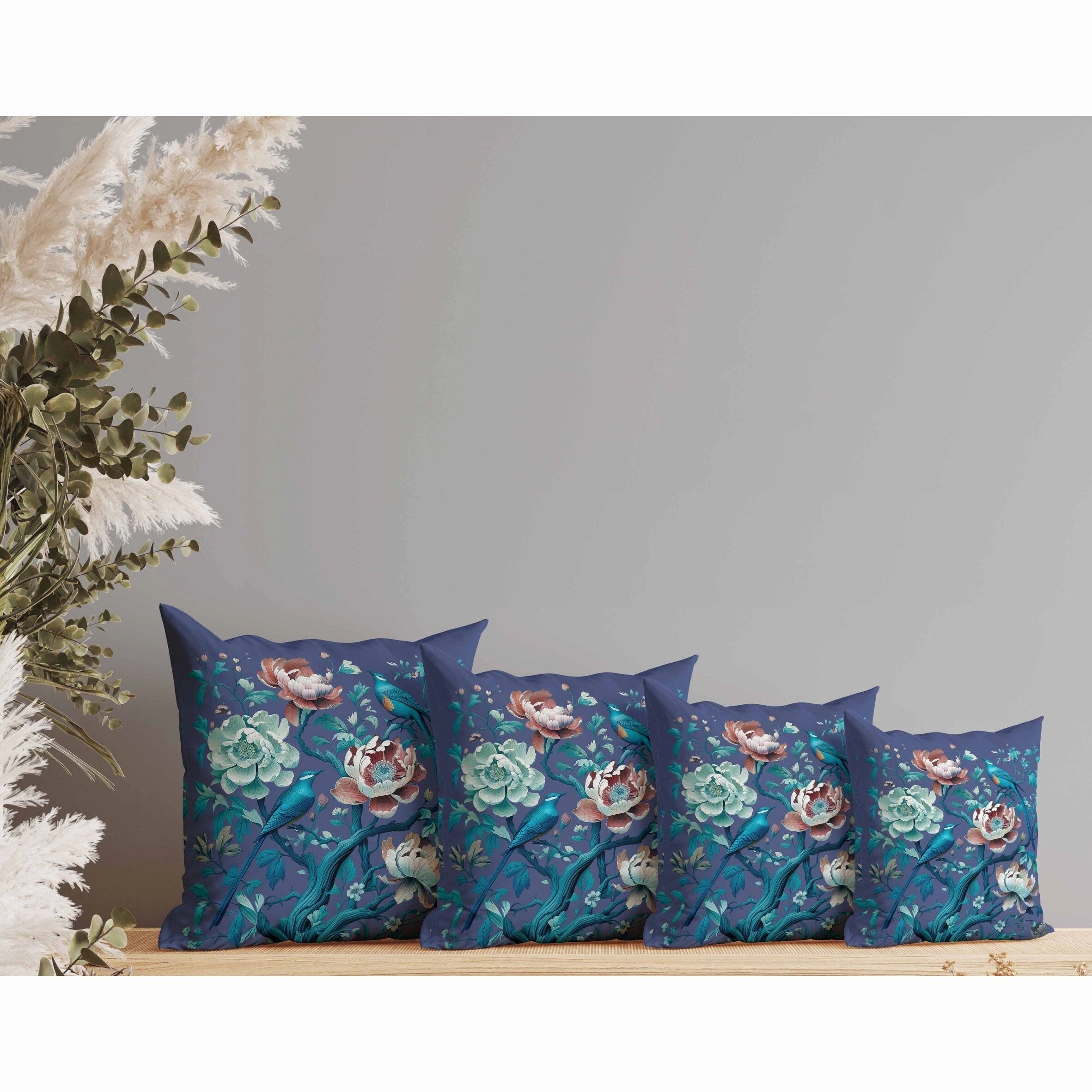 Botanical Bird Ensemble Faux Suede Reversible Throw Pillow Blue and Red
