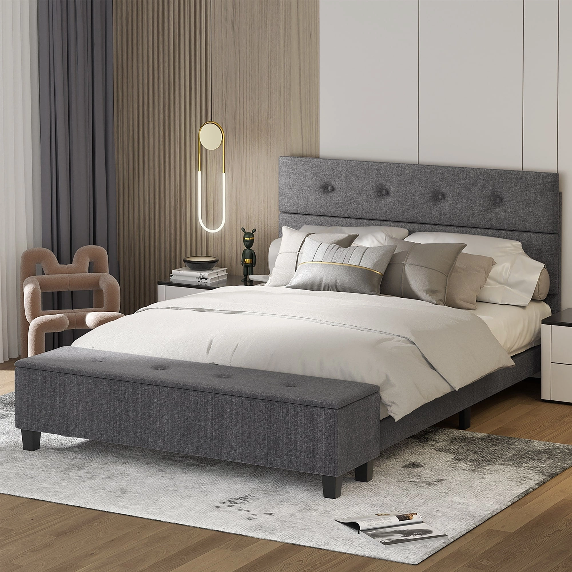 Costway Full Upholstered Bed Frame with Ottoman Storage Linen Button