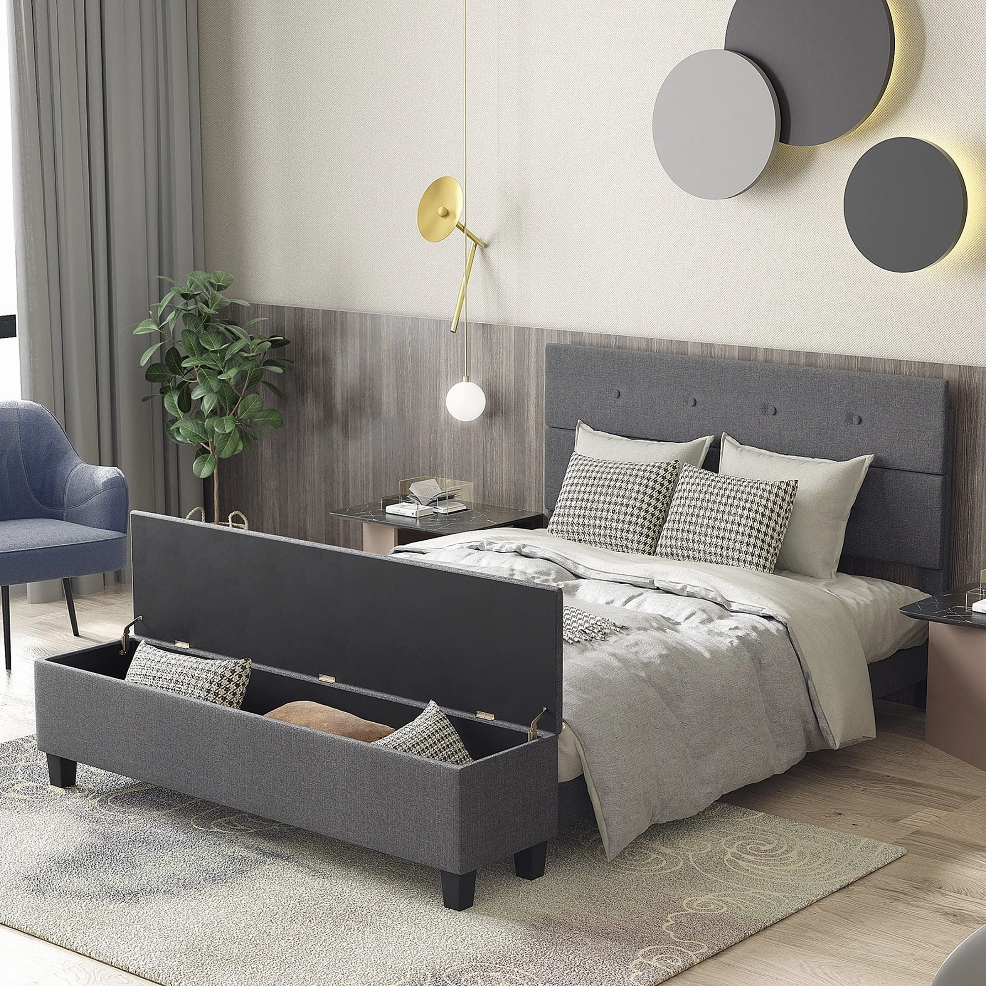 Costway Full Upholstered Bed Frame with Ottoman Storage Linen Button