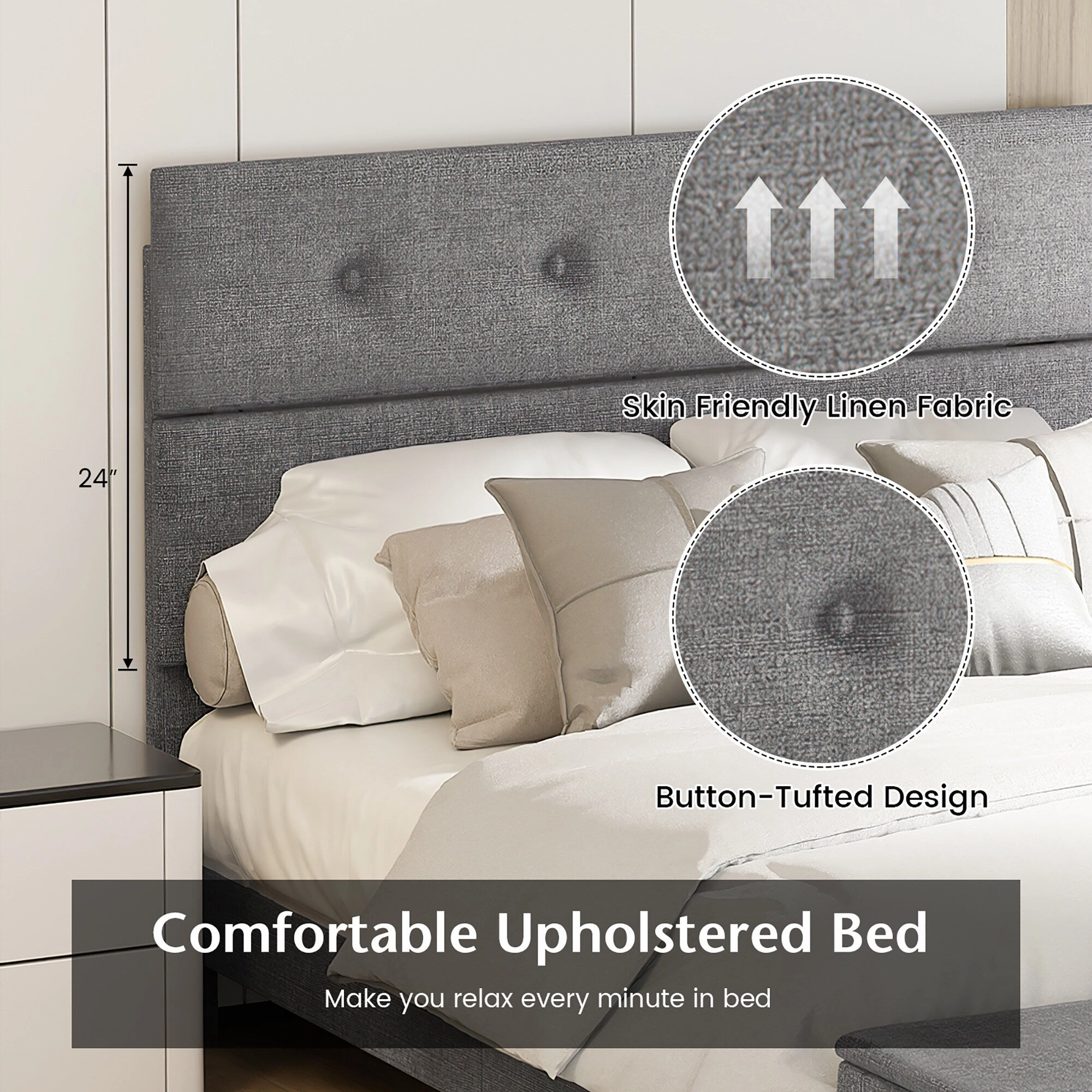 Costway Full Upholstered Bed Frame with Ottoman Storage Linen Button
