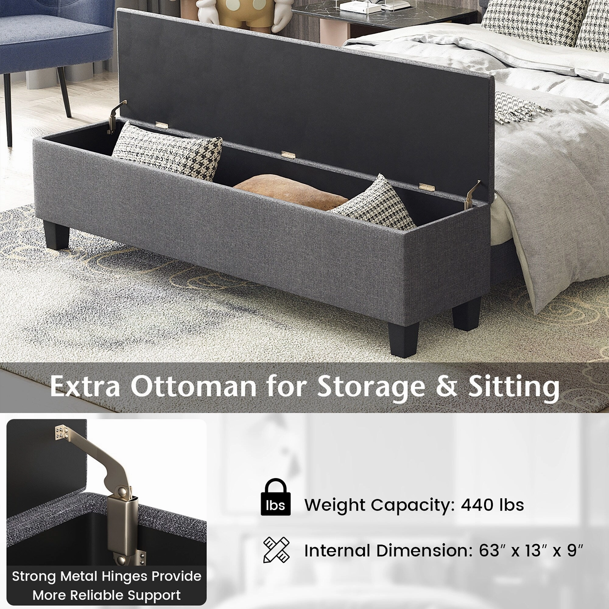 Costway Full Upholstered Bed Frame with Ottoman Storage Linen Button