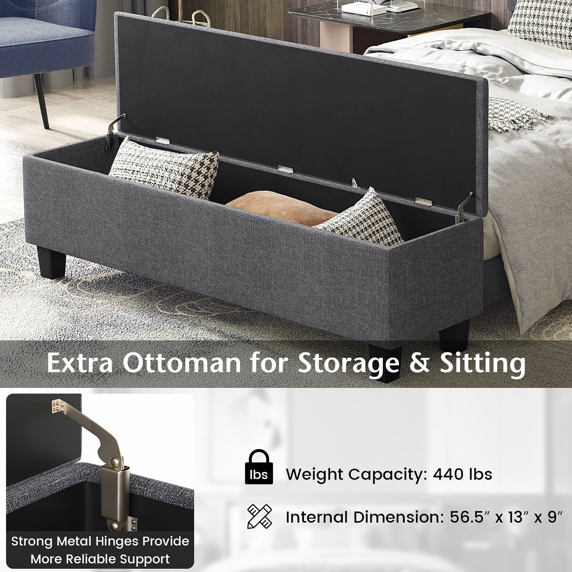 Costway Full Upholstered Bed Frame with Ottoman Storage Linen Button