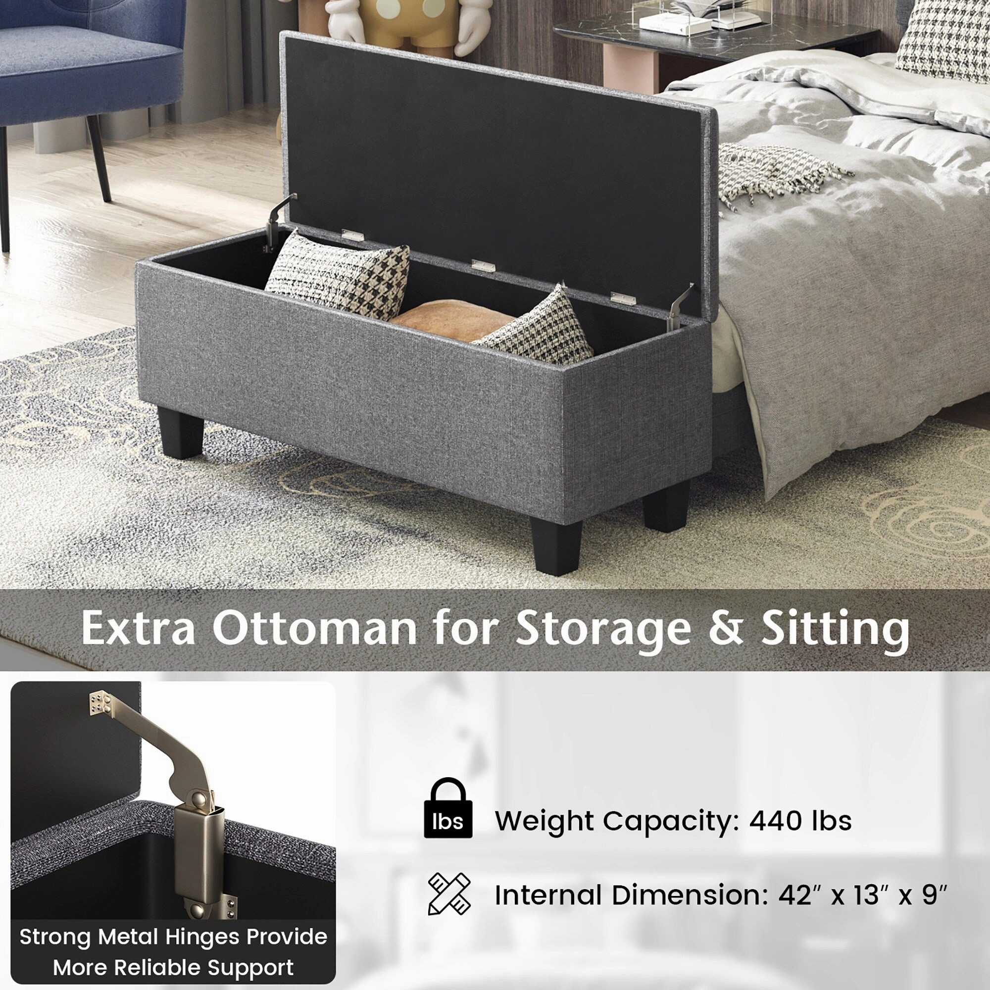 Costway Full Upholstered Bed Frame with Ottoman Storage Linen Button