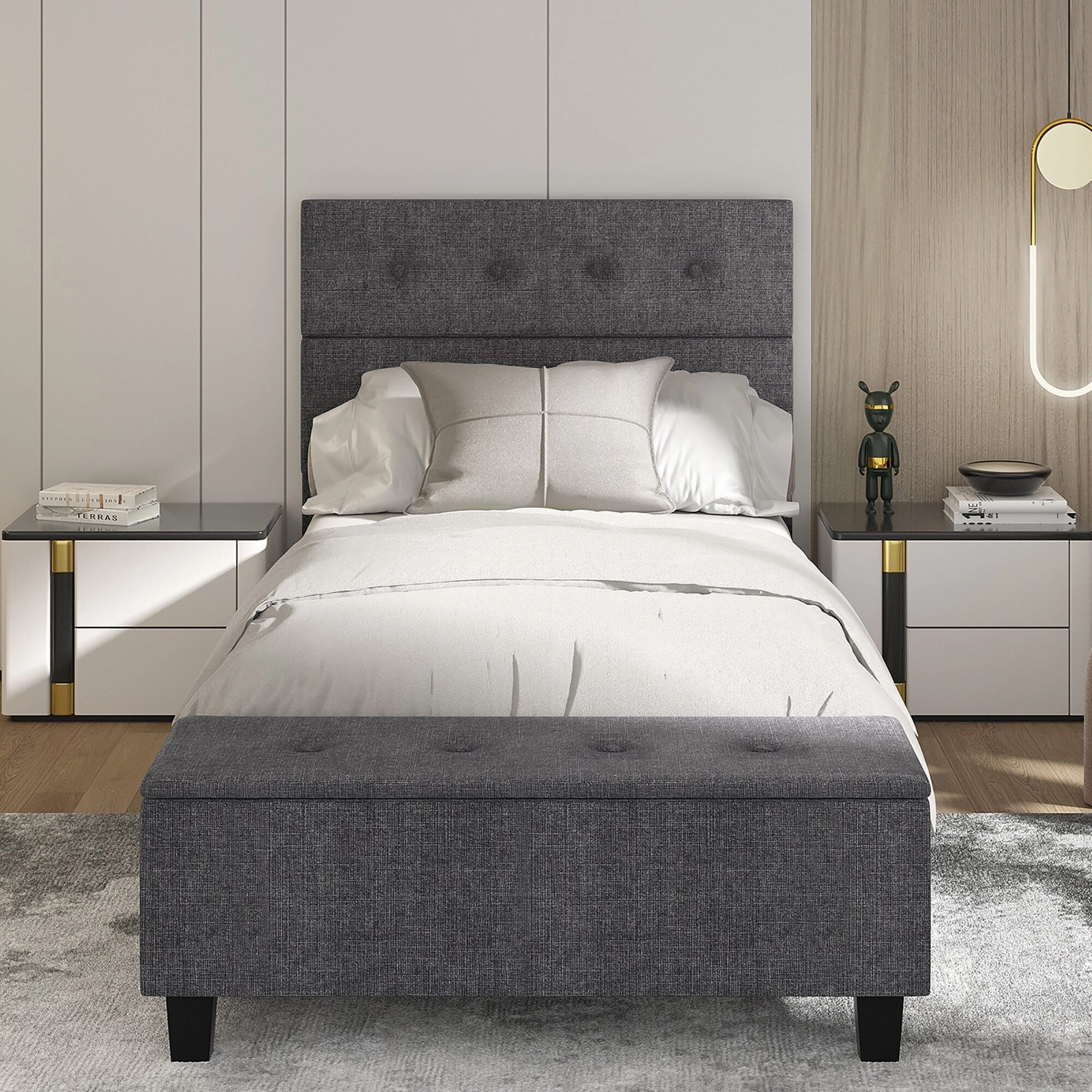 Costway Full Upholstered Bed Frame with Ottoman Storage Linen Button