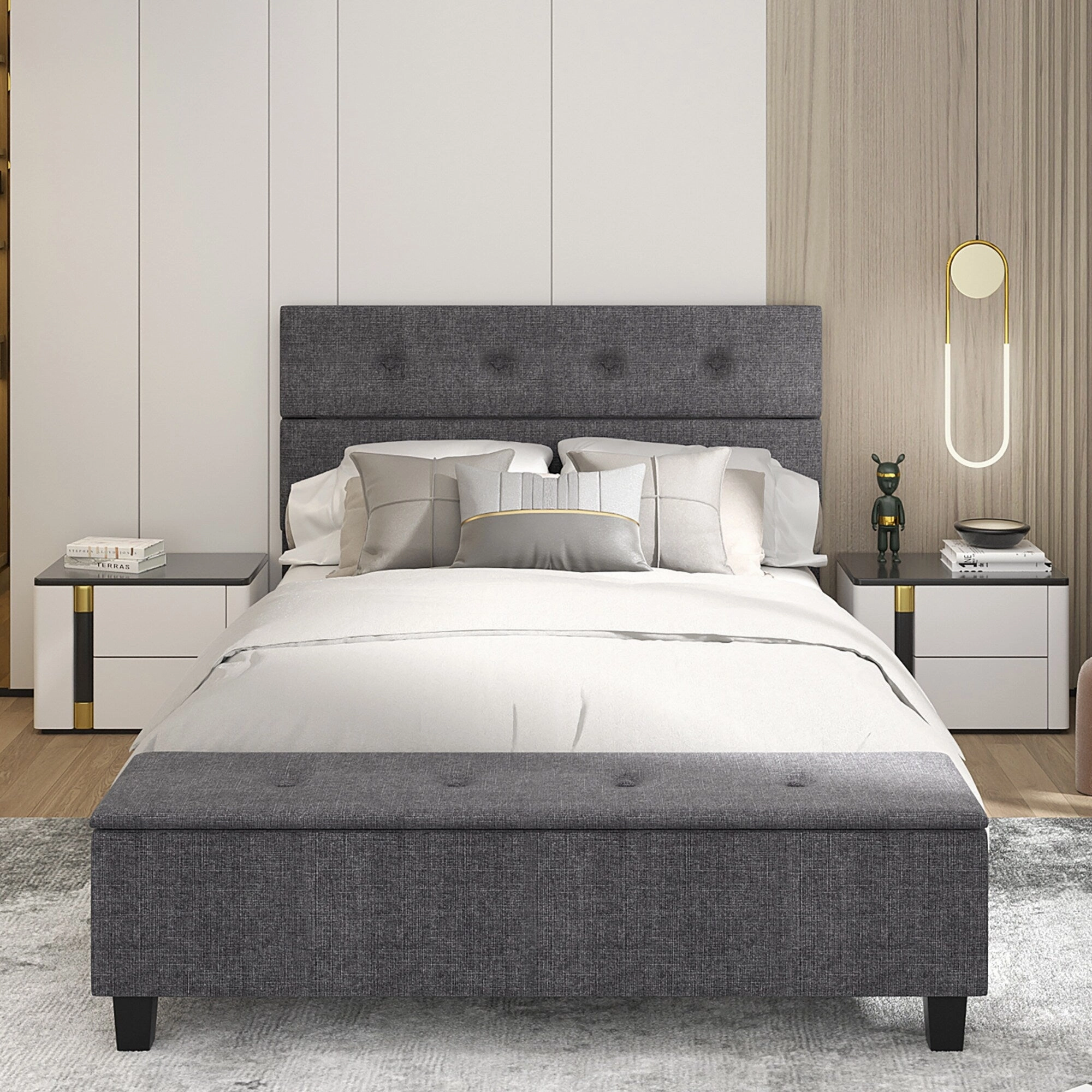 Costway Full Upholstered Bed Frame with Ottoman Storage Linen Button