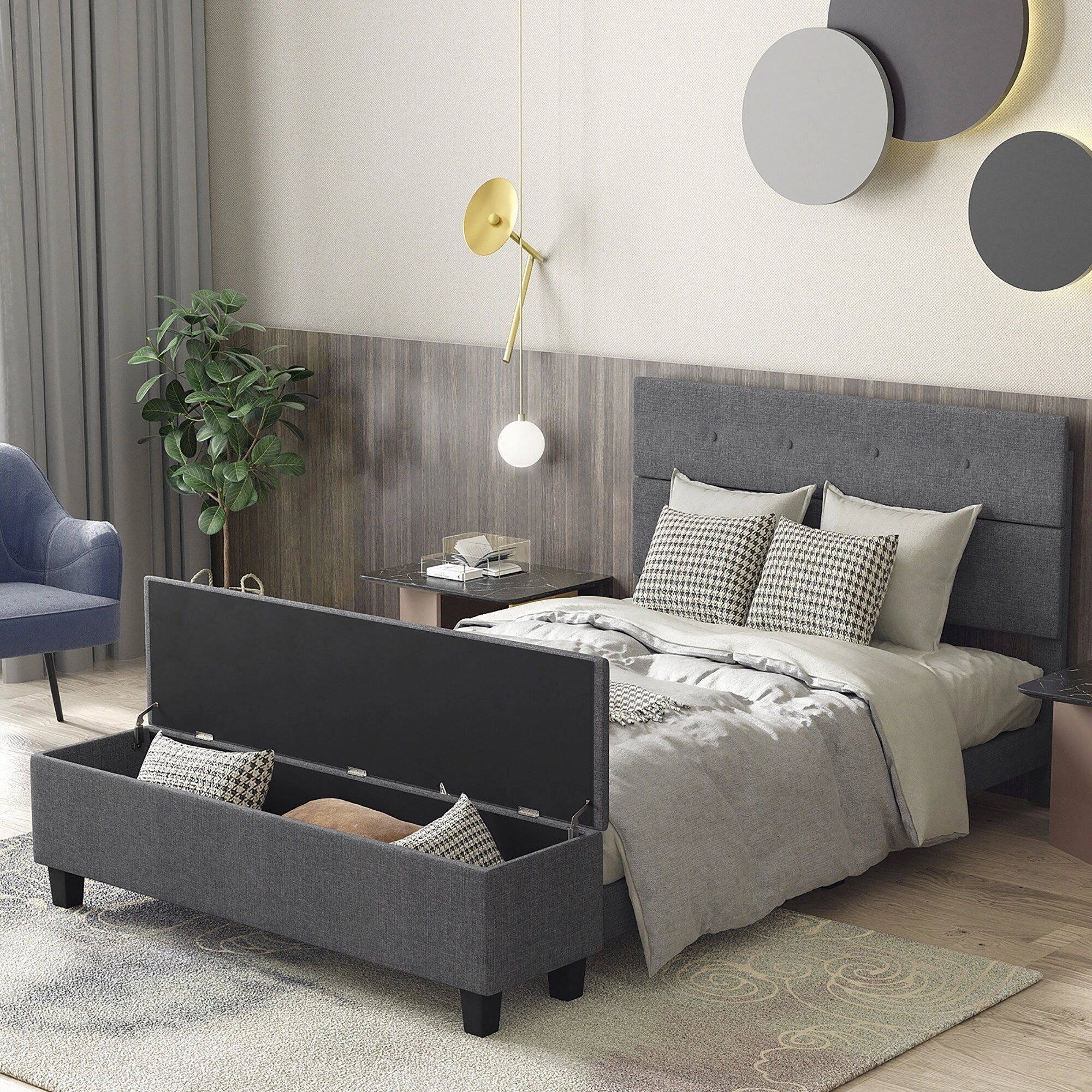 Costway Full Upholstered Bed Frame with Ottoman Storage Linen Button