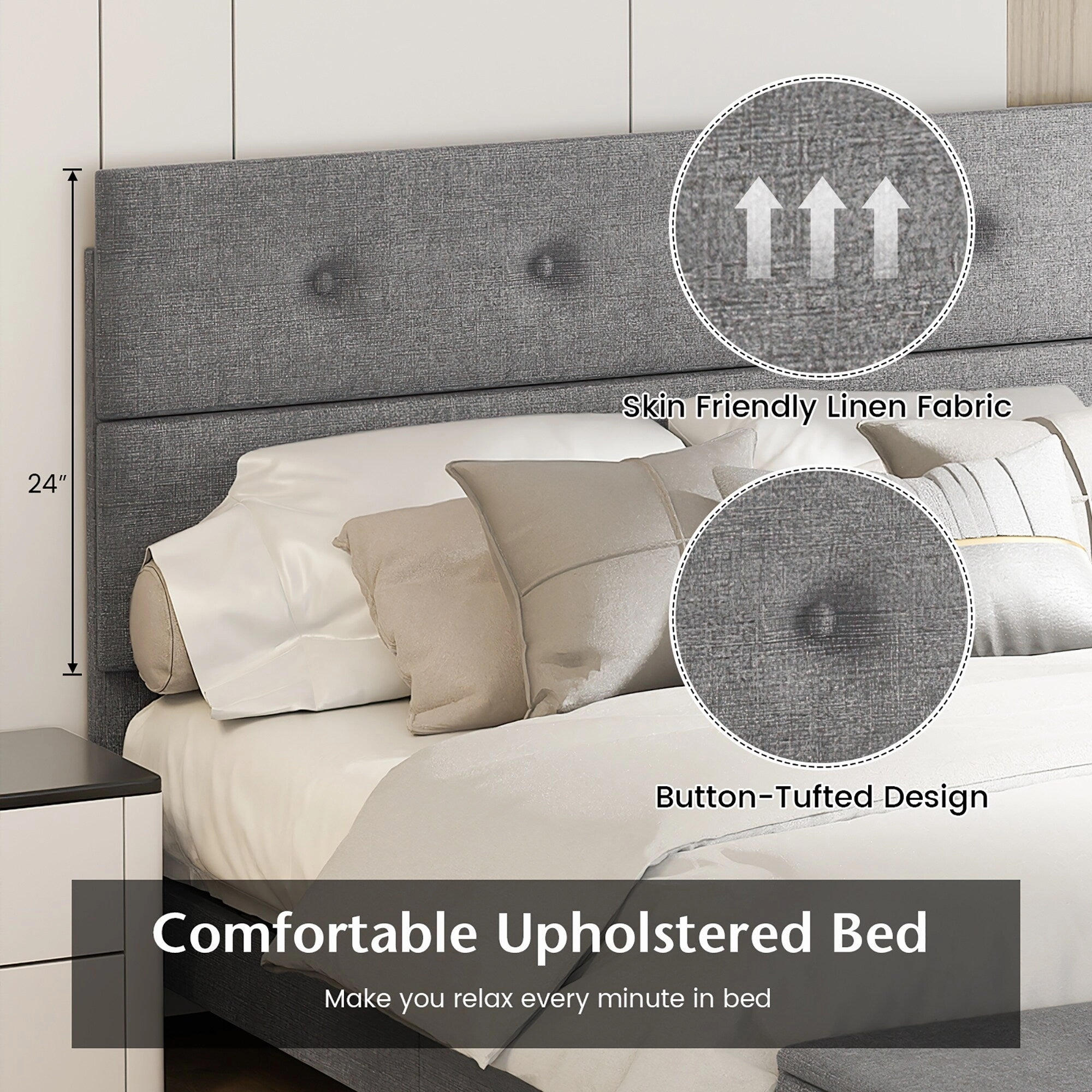 Costway Full Upholstered Bed Frame with Ottoman Storage Linen Button