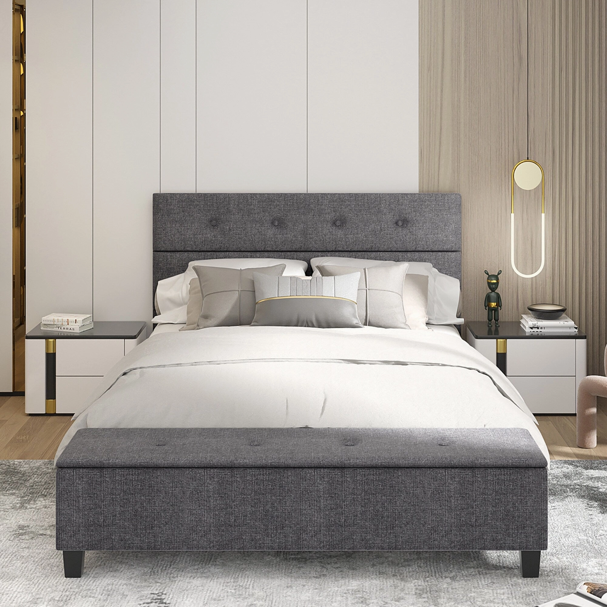 Costway Full Upholstered Bed Frame with Ottoman Storage Linen Button