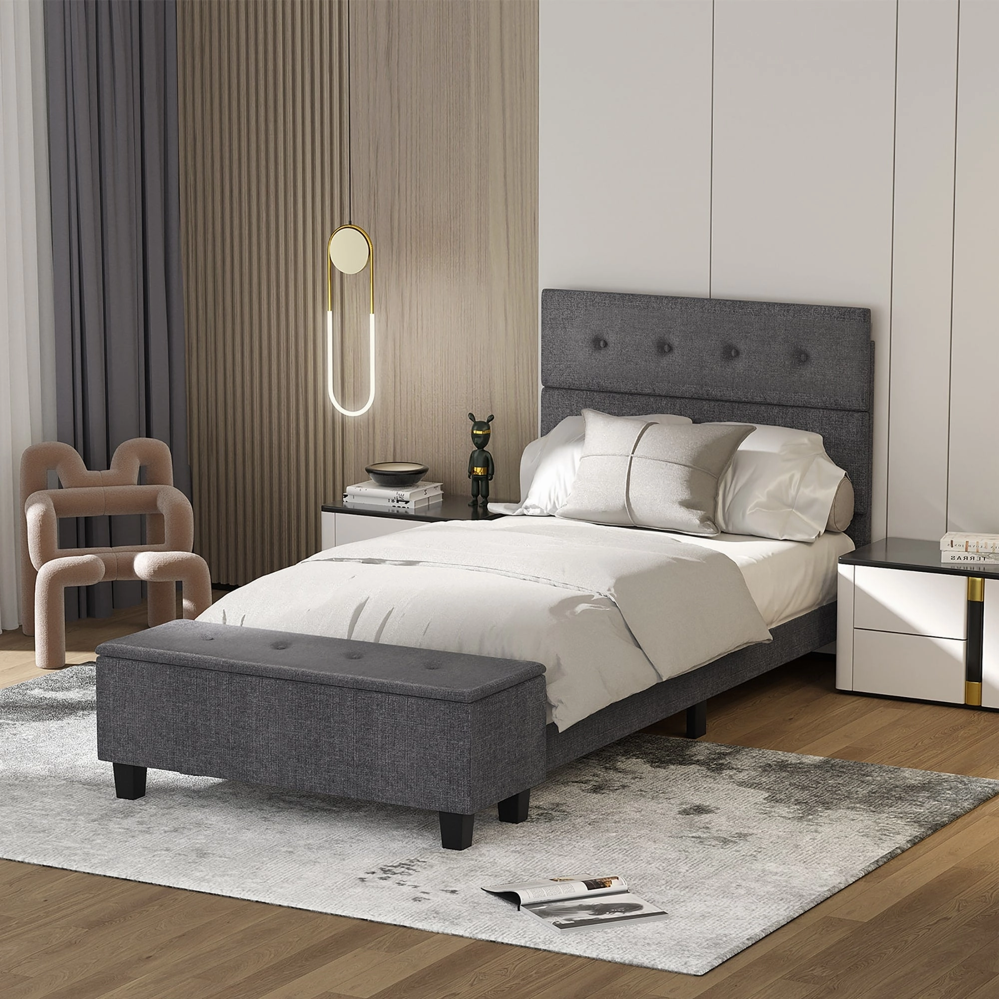 Costway Full Upholstered Bed Frame with Ottoman Storage Linen Button