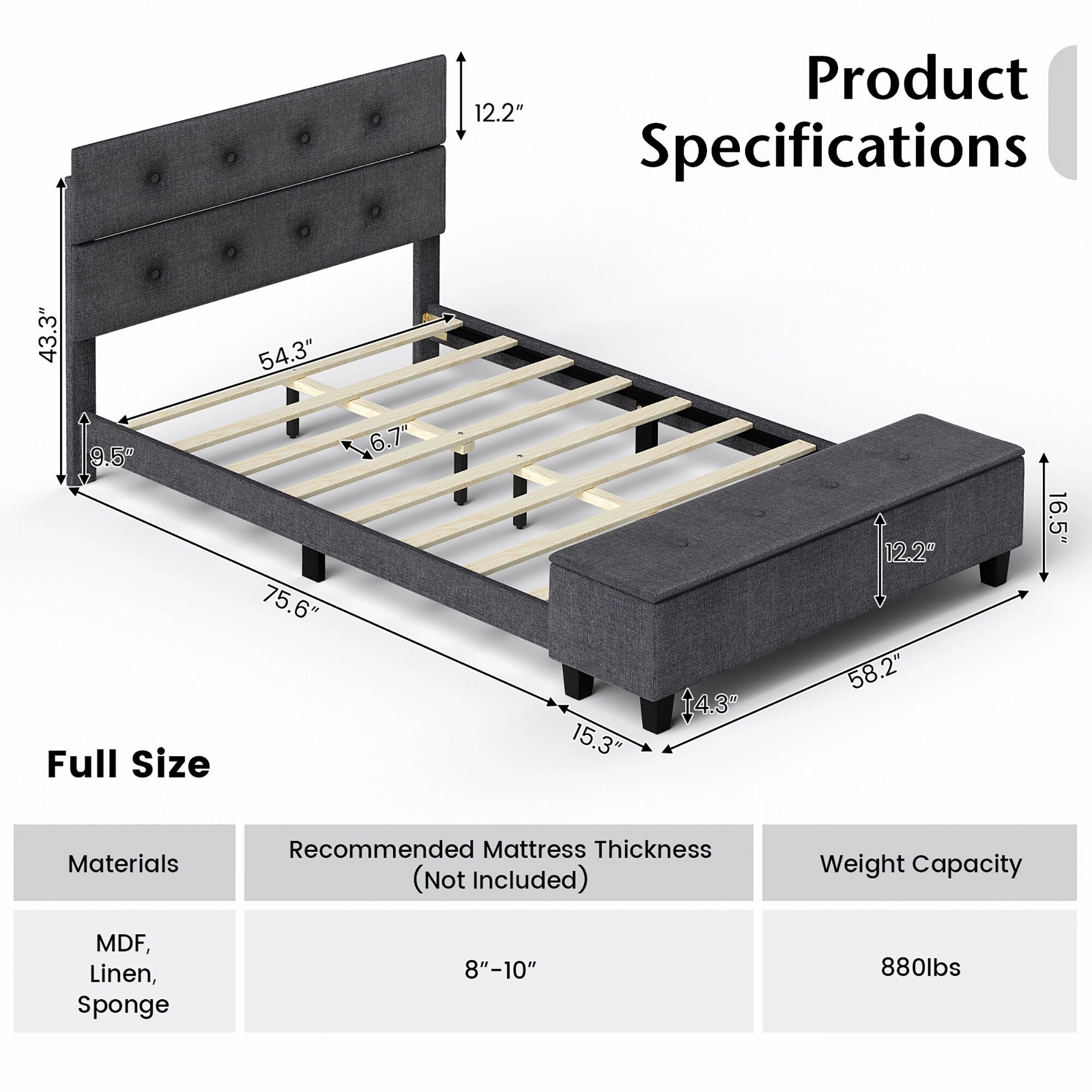 Costway Full Upholstered Bed Frame with Ottoman Storage Linen Button