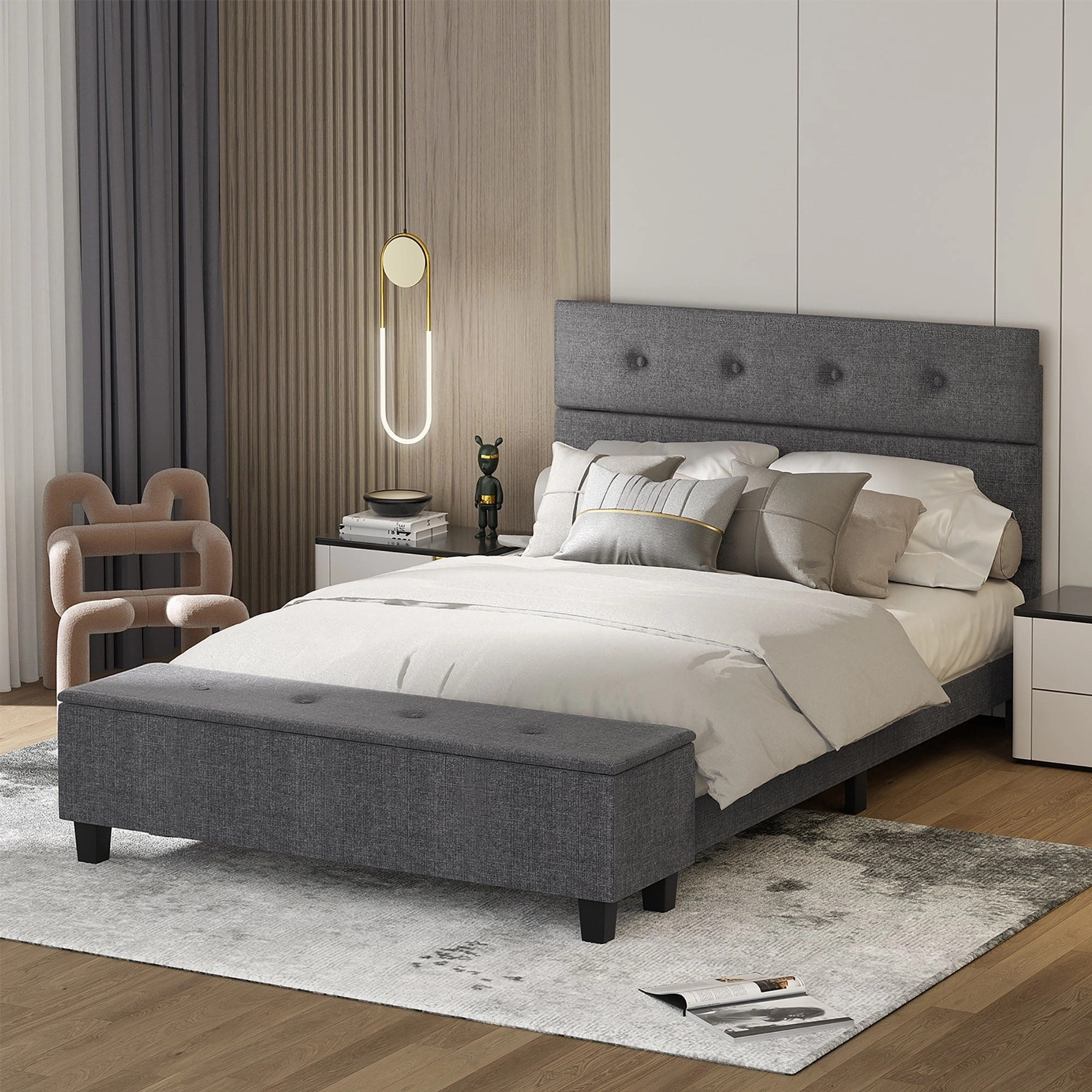 Costway Full Upholstered Bed Frame with Ottoman Storage Linen Button