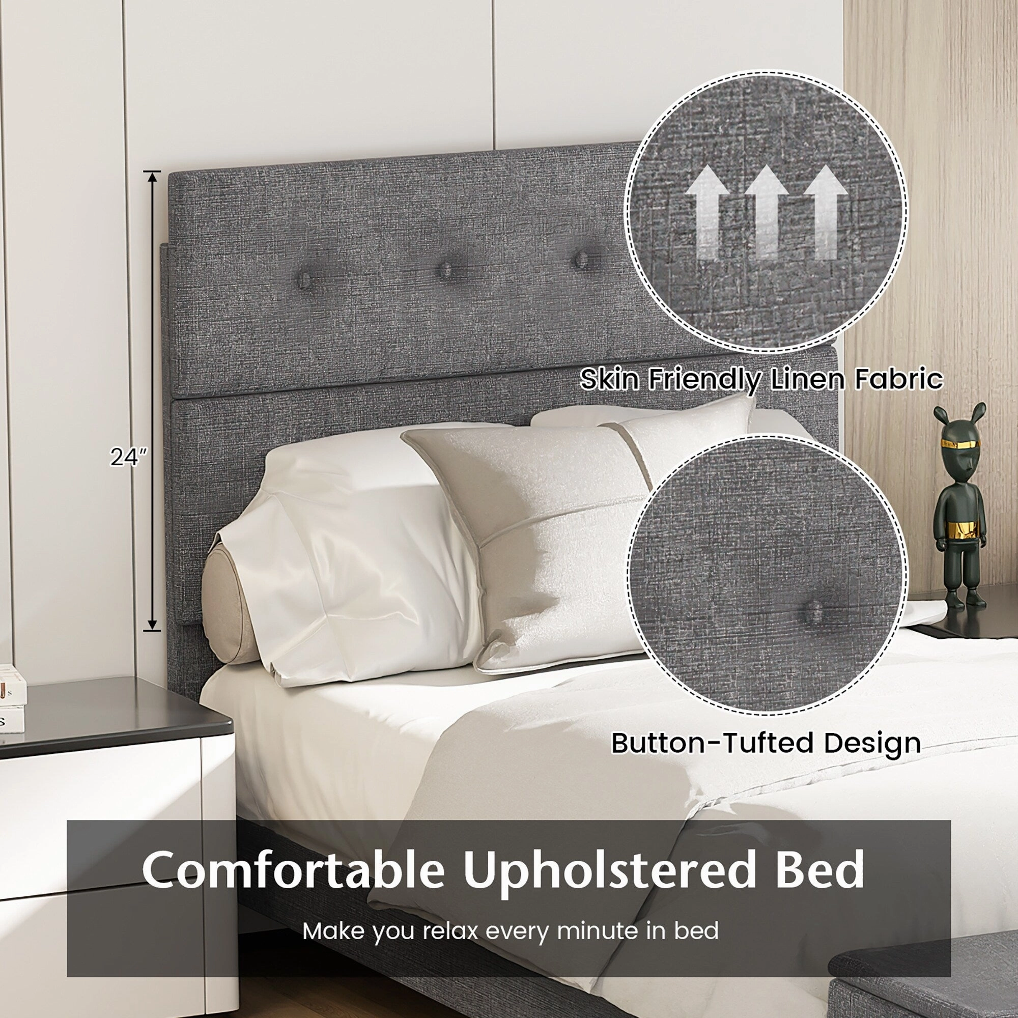 Costway Full Upholstered Bed Frame with Ottoman Storage Linen Button