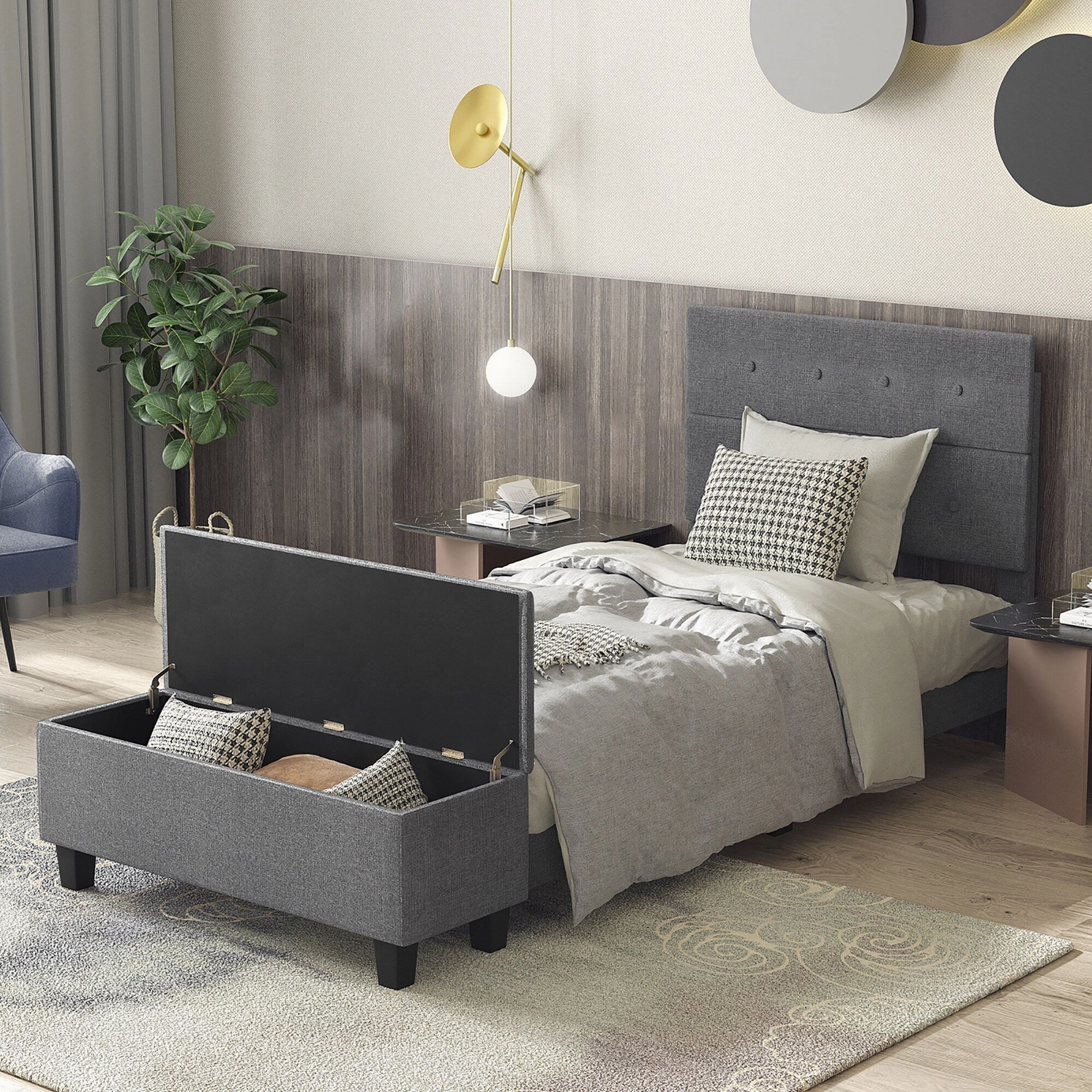 Costway Full Upholstered Bed Frame with Ottoman Storage Linen Button