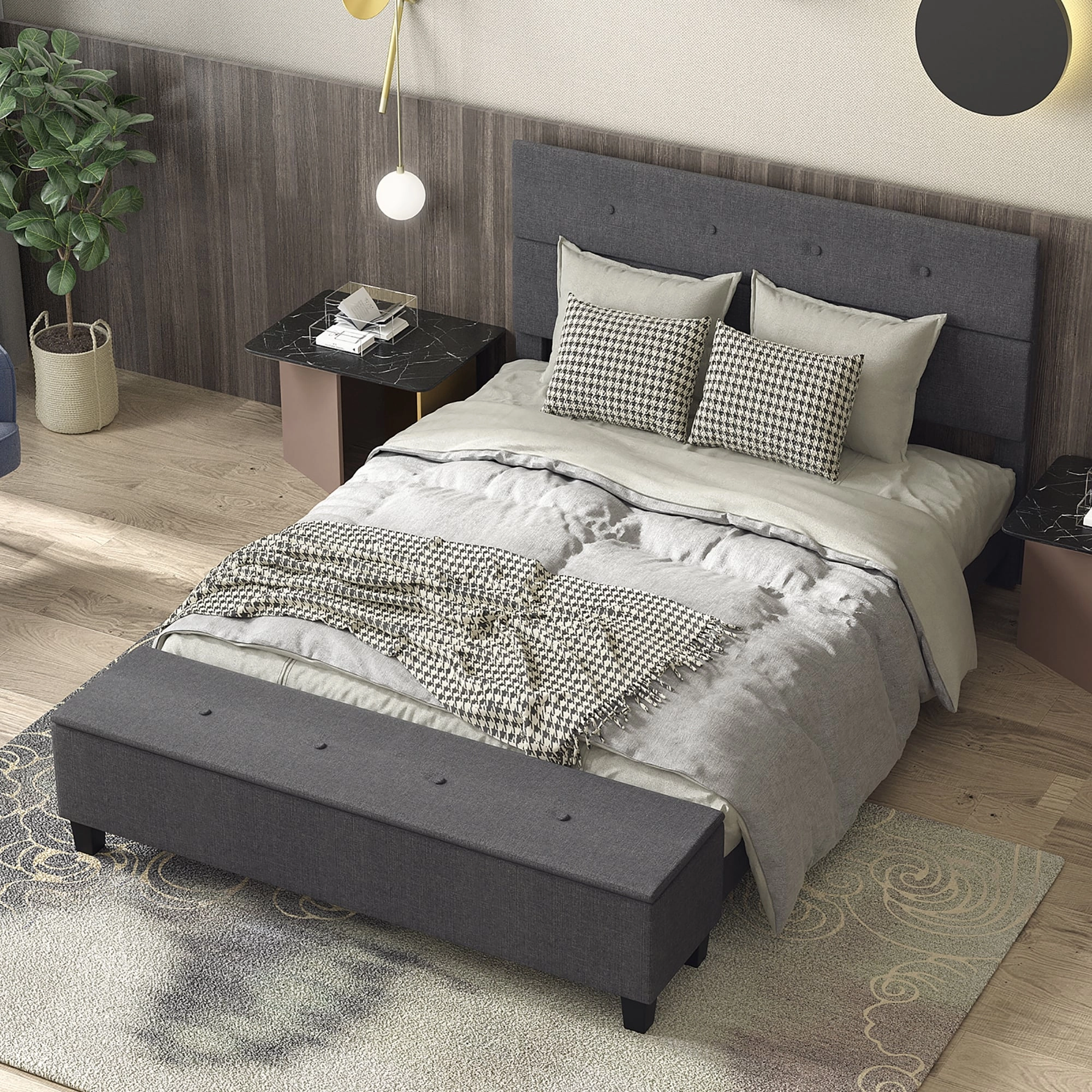 Costway Full Upholstered Bed Frame with Ottoman Storage Linen Button