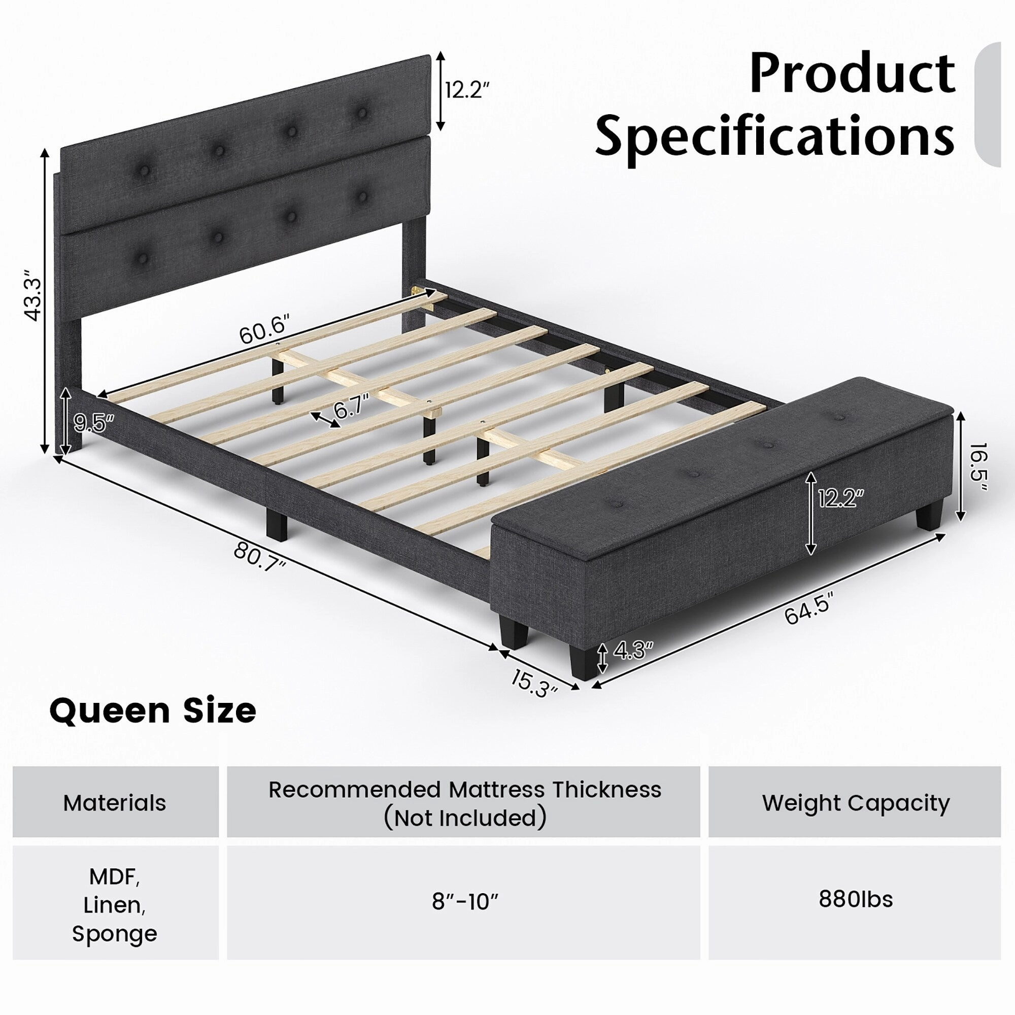 Costway Full Upholstered Bed Frame with Ottoman Storage Linen Button