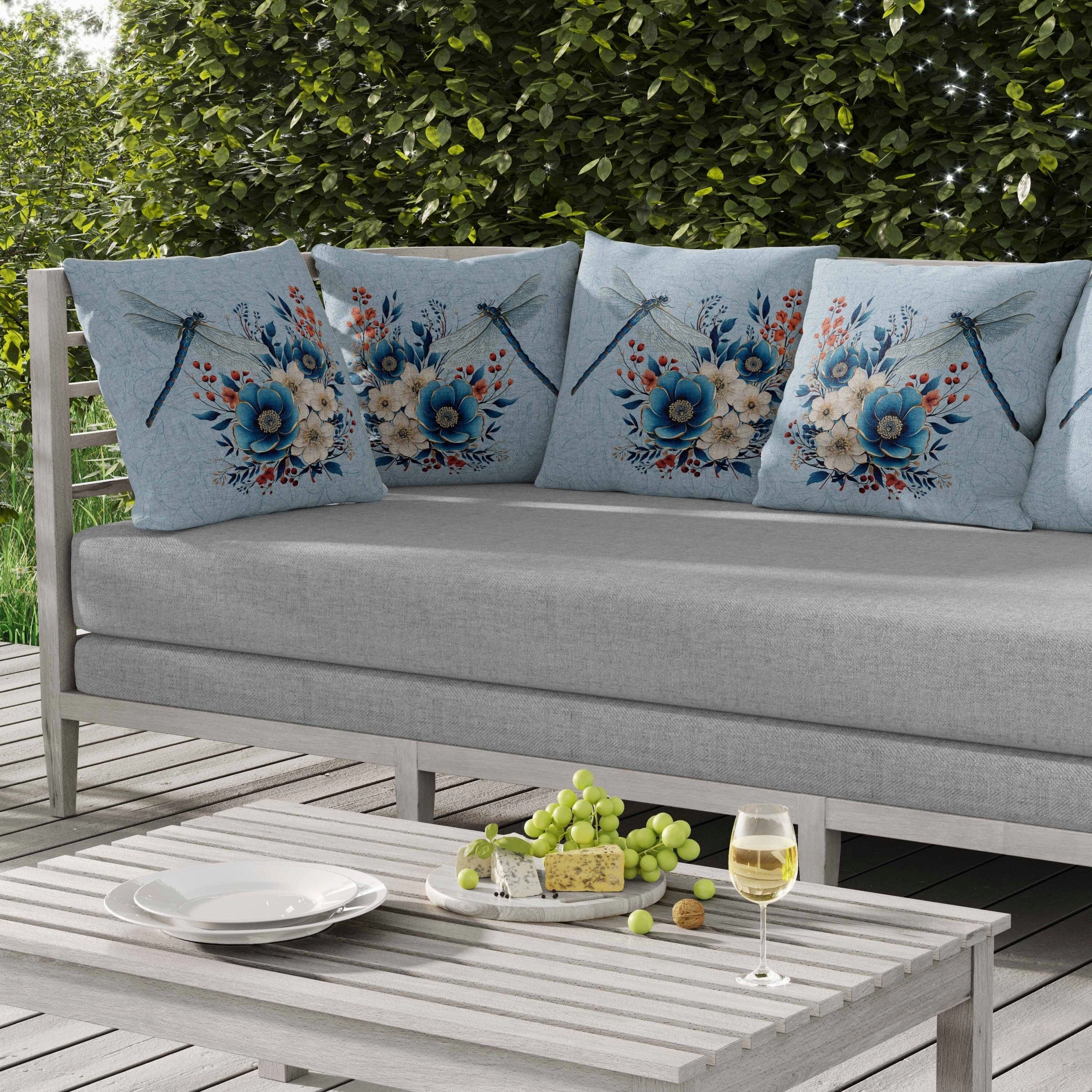 Dragonfly Haven Indoor/Outdoor Reversible Throw Pillow Blue and Cream
