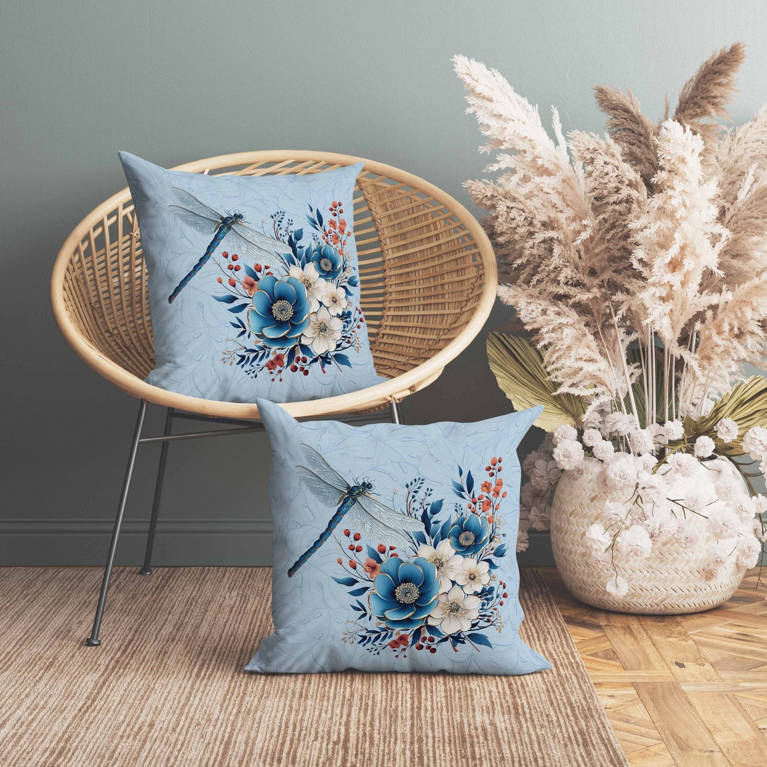 Dragonfly Haven Indoor/Outdoor Reversible Throw Pillow Blue and Cream
