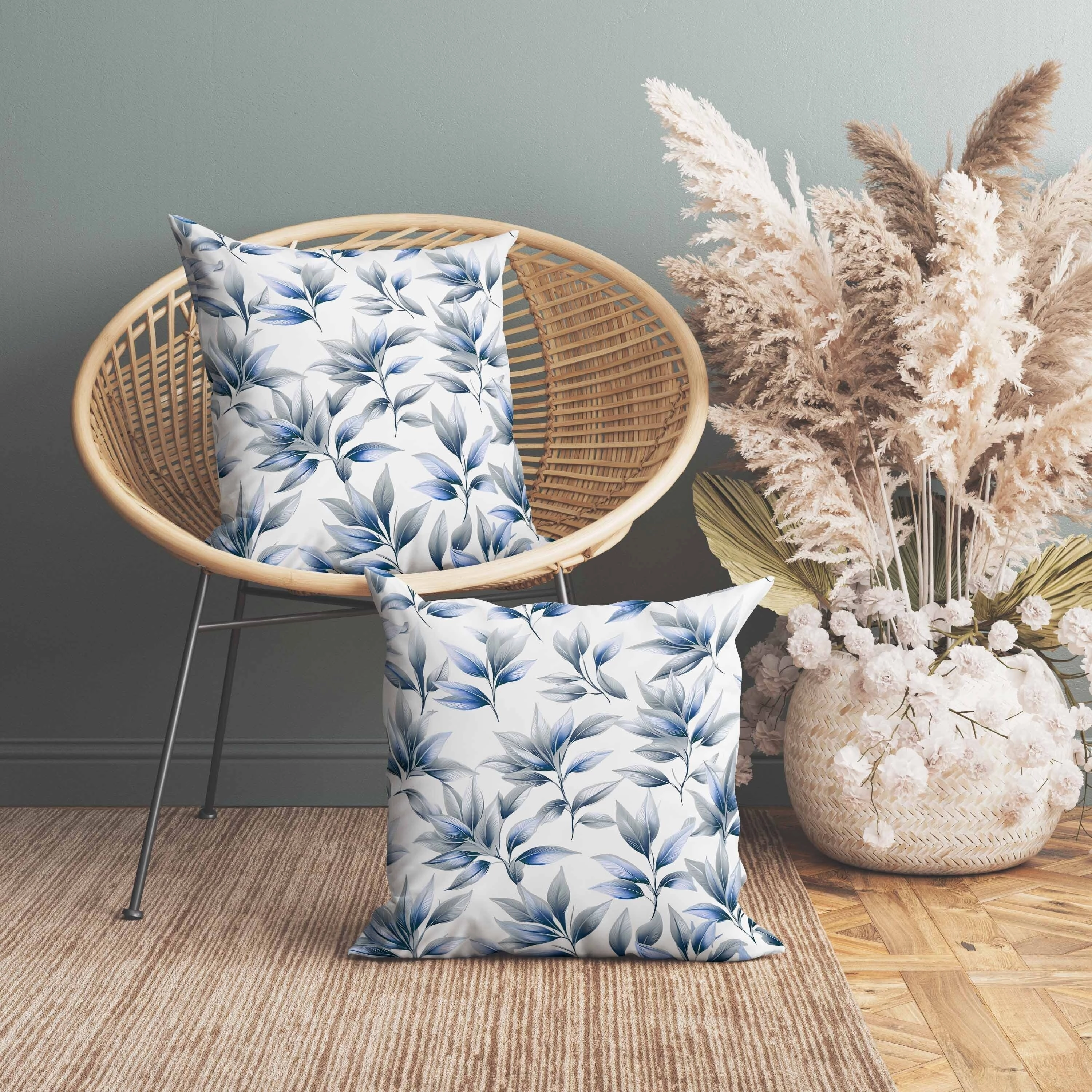 Enchanted Leaflet Indoor/Outdoor Reversible Throw Pillow Silver and Blue