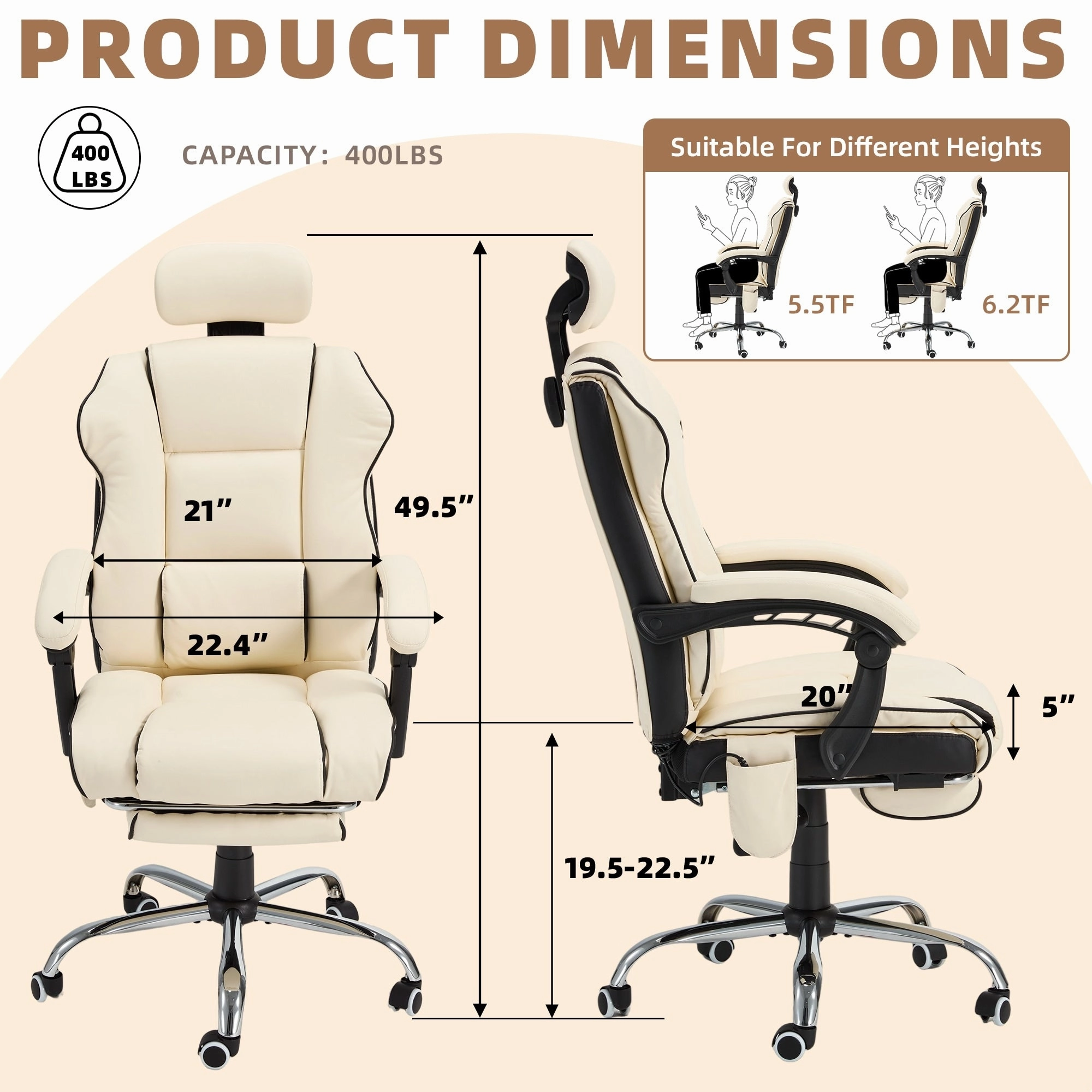 EROMMY Ergonomic Gaming Chair with Adjustable Footrest. Reclining Backrest and Massage. Heated Office Chair