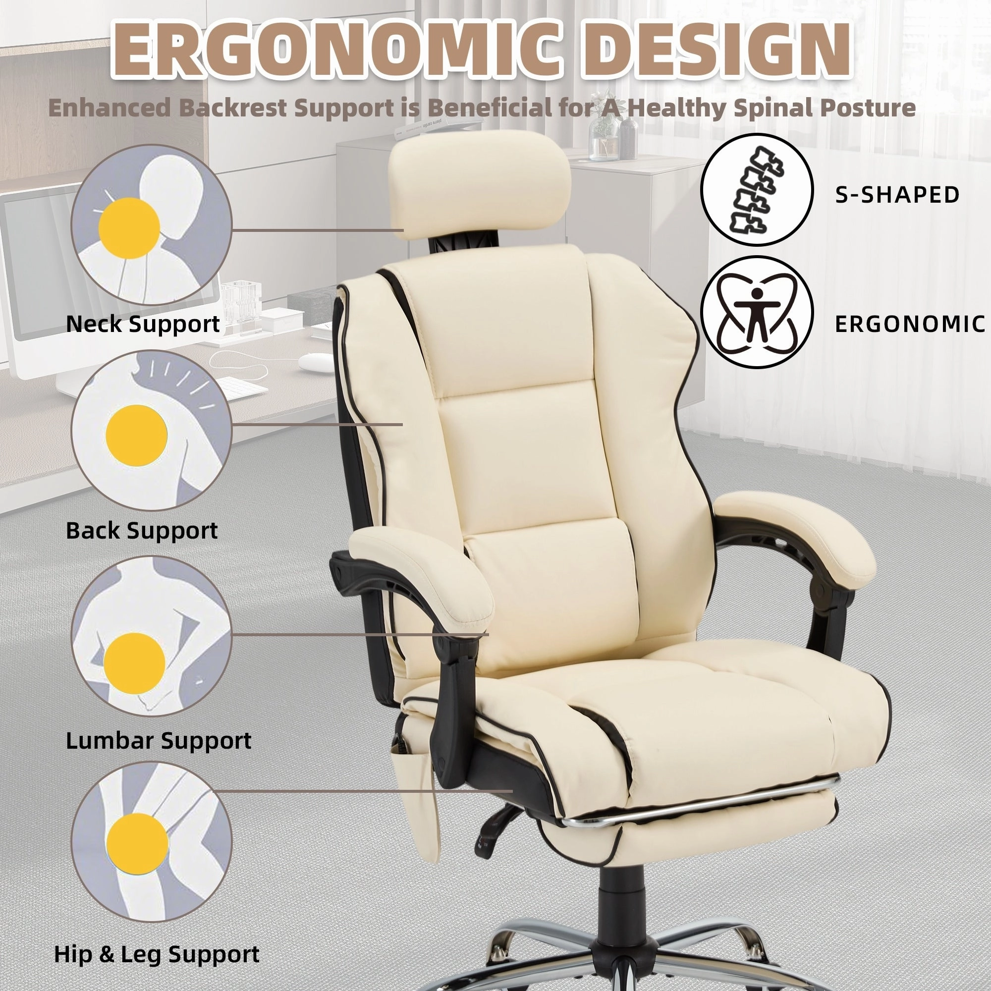 EROMMY Ergonomic Gaming Chair with Adjustable Footrest. Reclining Backrest and Massage. Heated Office Chair
