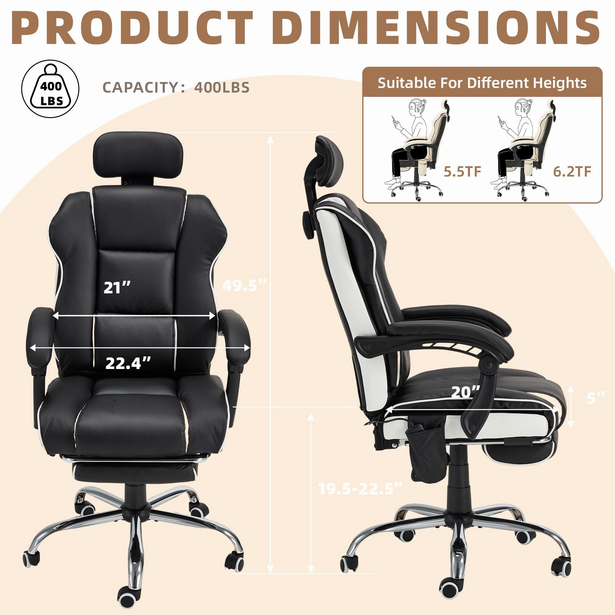 EROMMY Ergonomic Gaming Chair with Adjustable Footrest. Reclining Backrest and Massage. Heated Office Chair