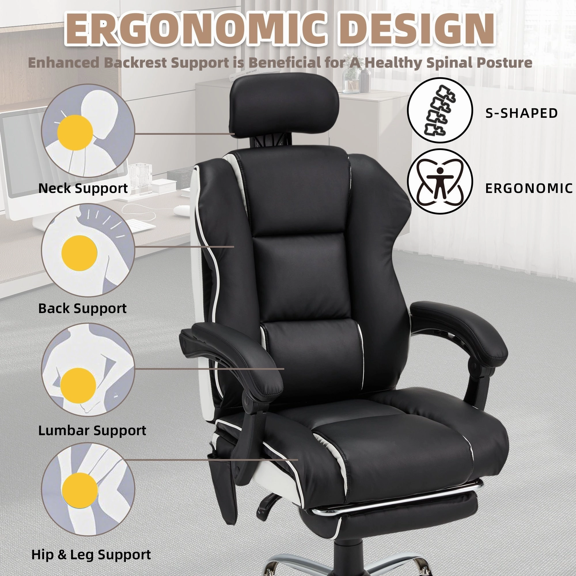 EROMMY Ergonomic Gaming Chair with Adjustable Footrest. Reclining Backrest and Massage. Heated Office Chair