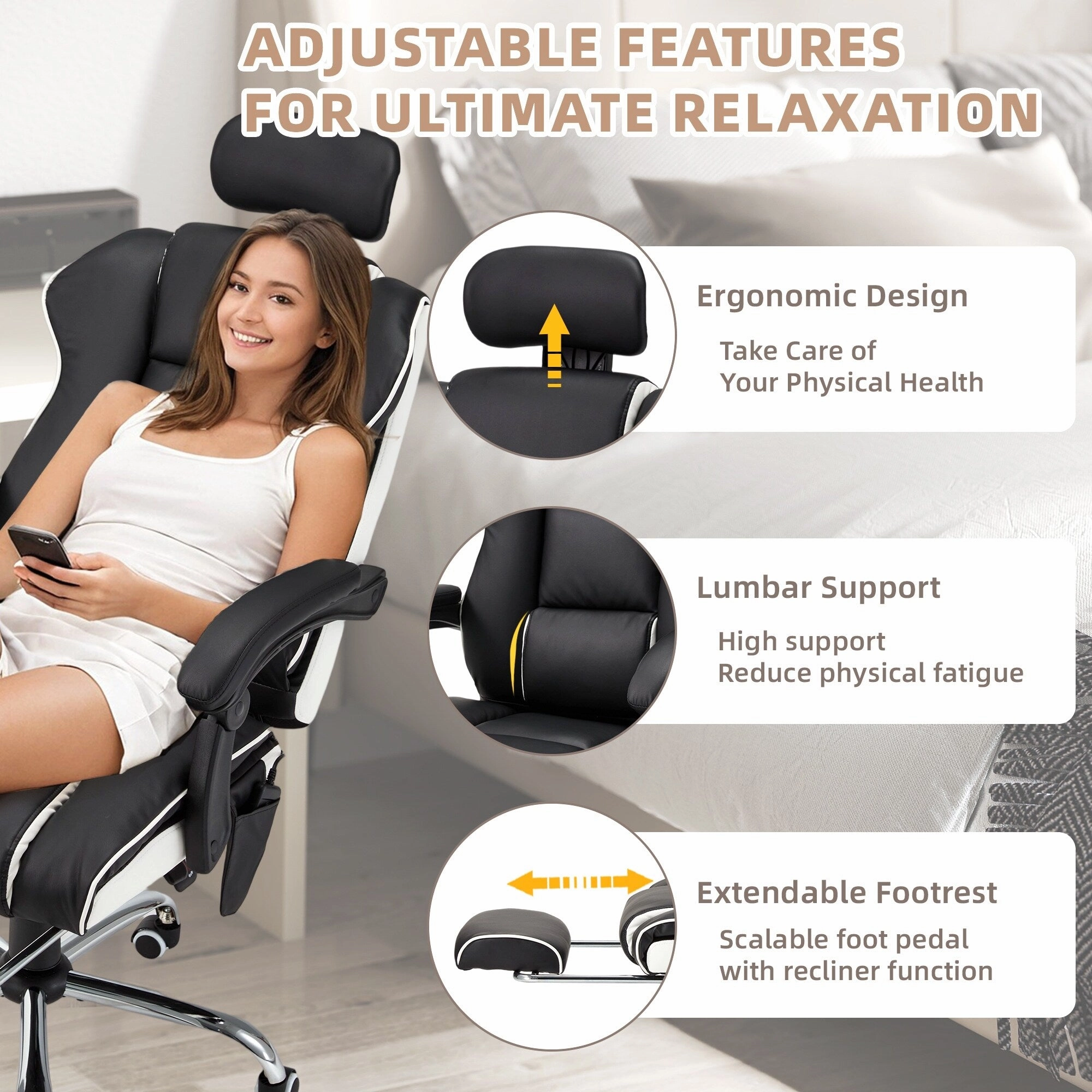 EROMMY Ergonomic Gaming Chair with Adjustable Footrest. Reclining Backrest and Massage. Heated Office Chair