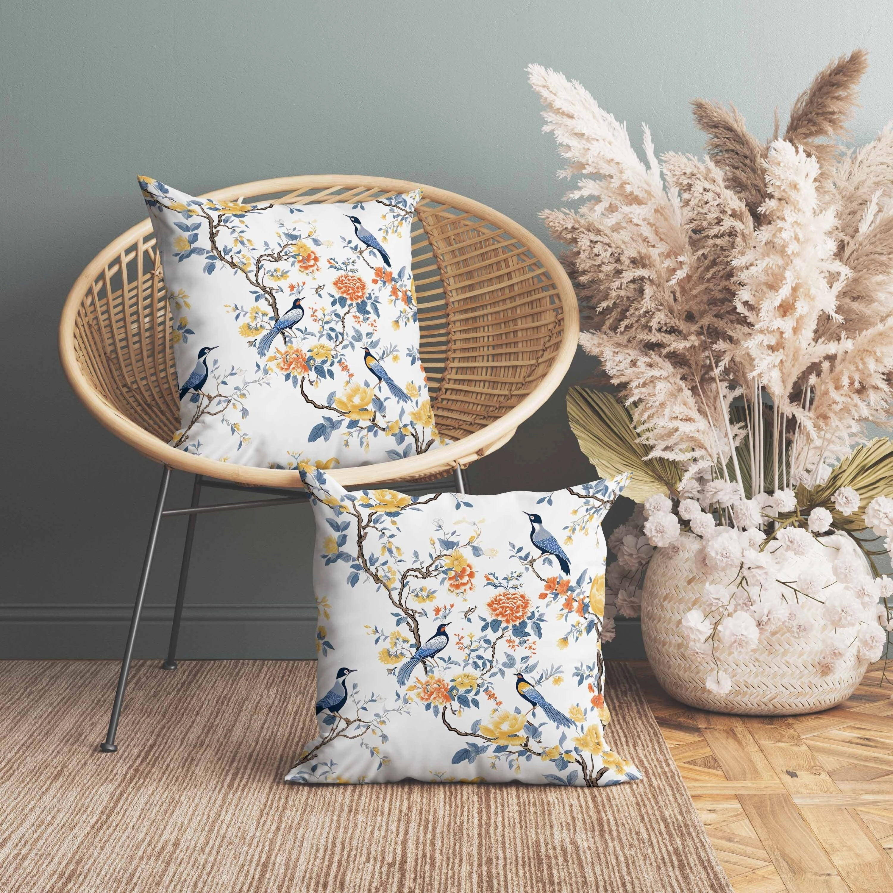 Flight of the Forest Indoor/Outdoor Reversible Throw Pillow White and Blue