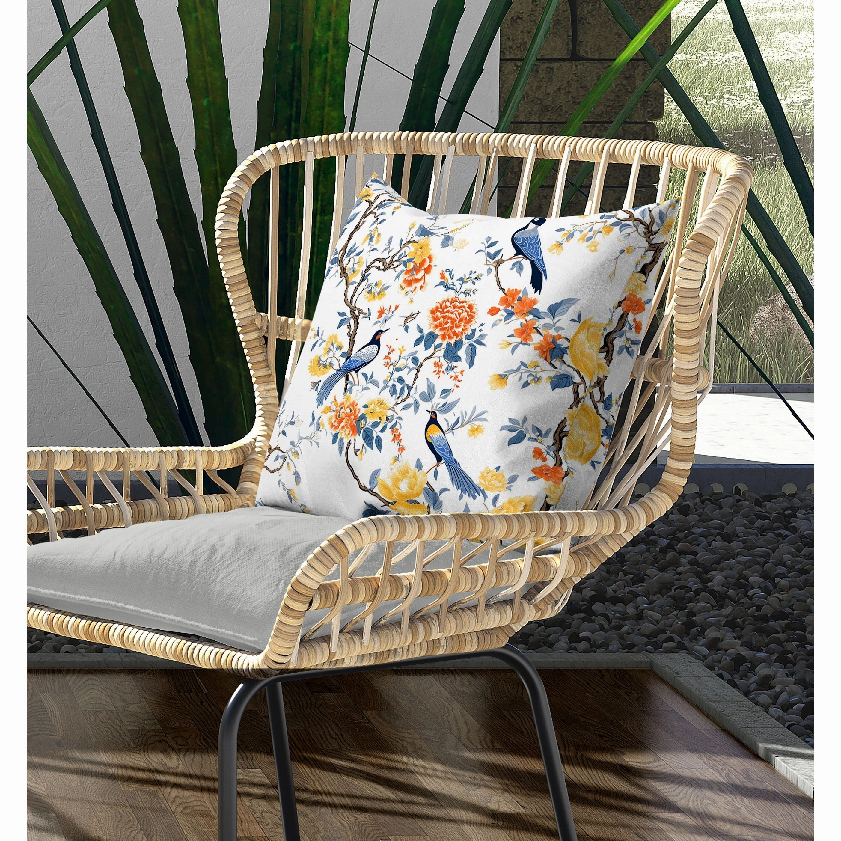 Flight of the Forest Indoor/Outdoor Reversible Throw Pillow White and Blue