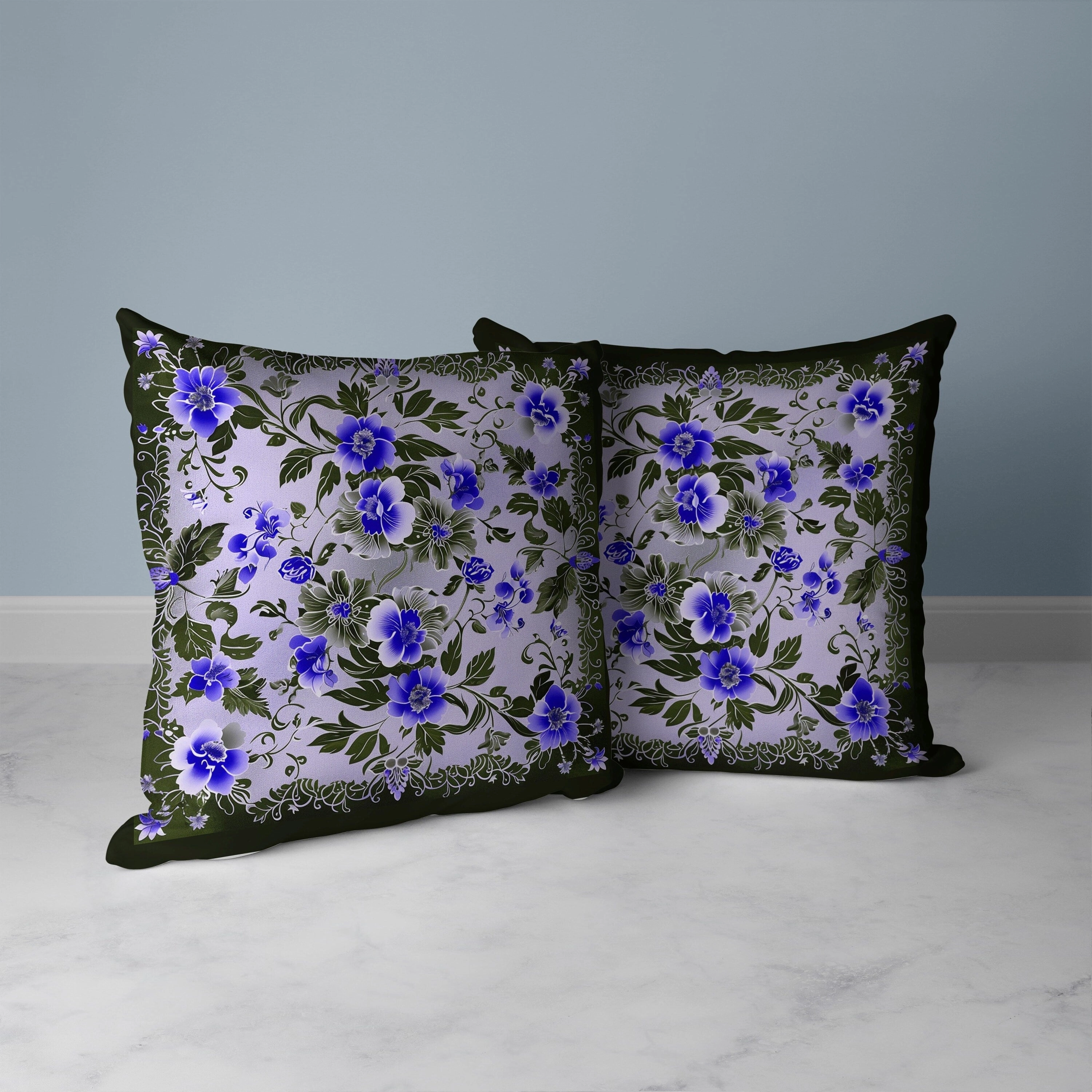 Flower Hub Faux Suede Reversible Throw Pillow Blue and Olive