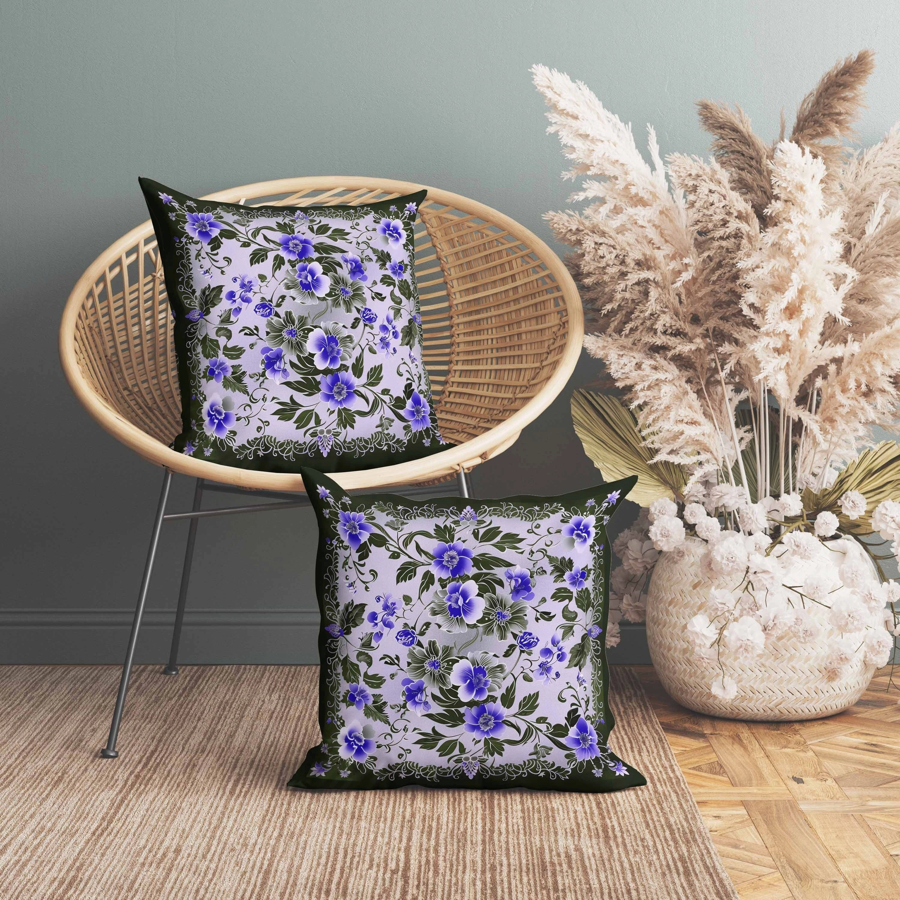 Flower Hub Faux Suede Reversible Throw Pillow Blue and Olive