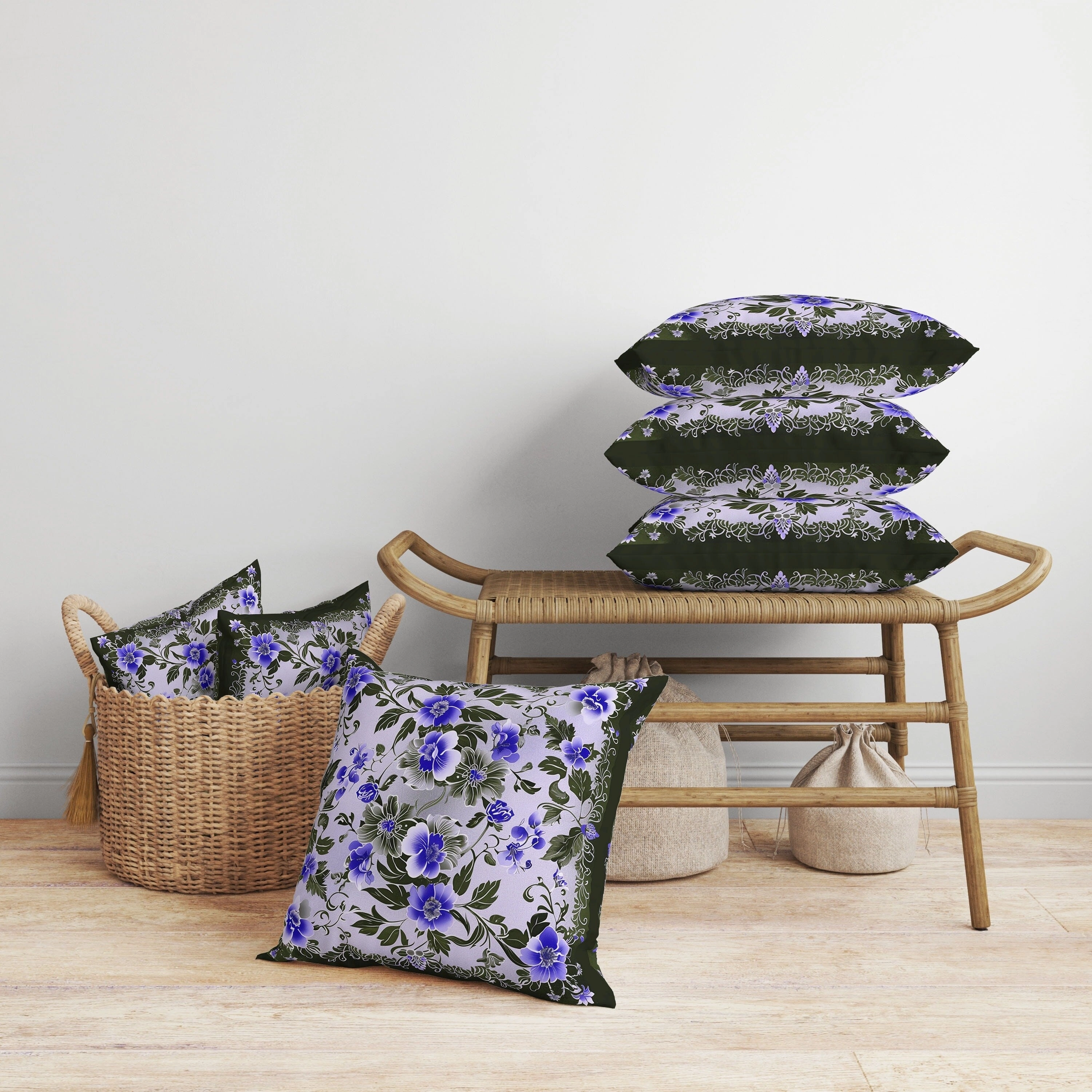Flower Hub Faux Suede Reversible Throw Pillow Blue and Olive