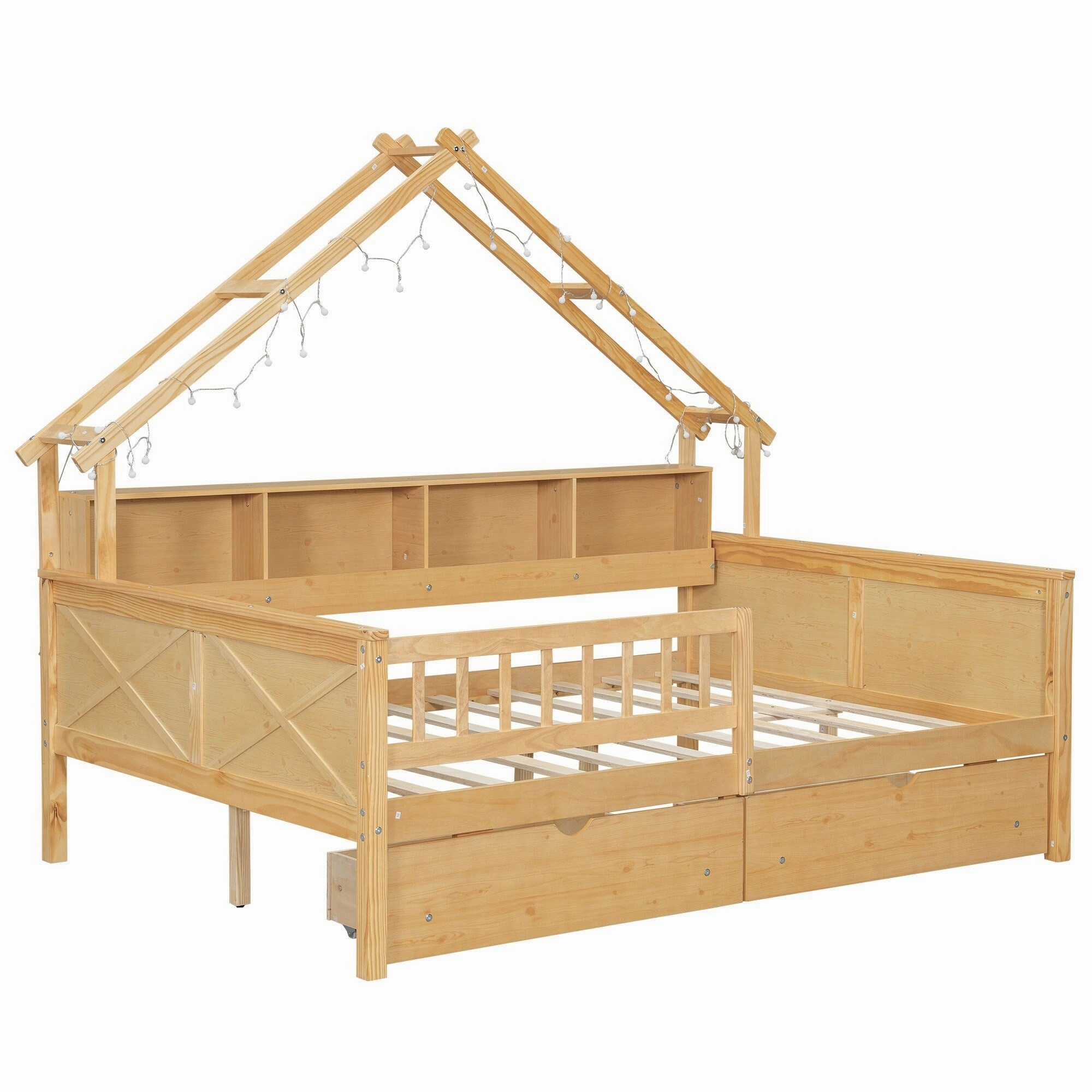 Full Size House Frame Platform Bed with LED Canopy. Storage Drawers & Bookshelf