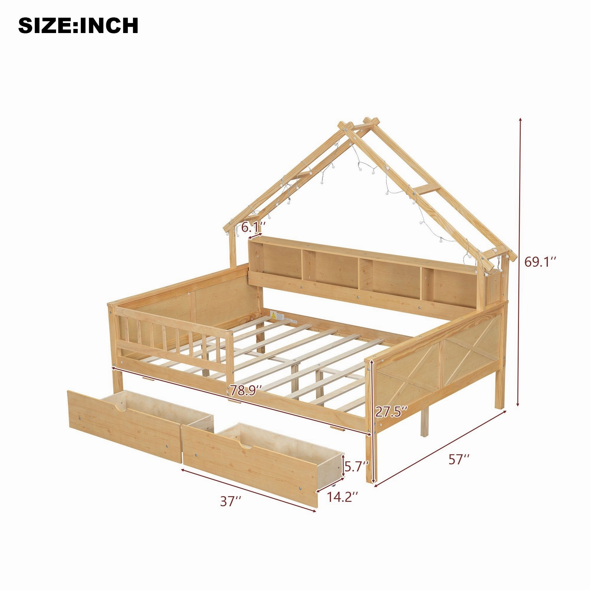 Full Size House Frame Platform Bed with LED Canopy. Storage Drawers & Bookshelf