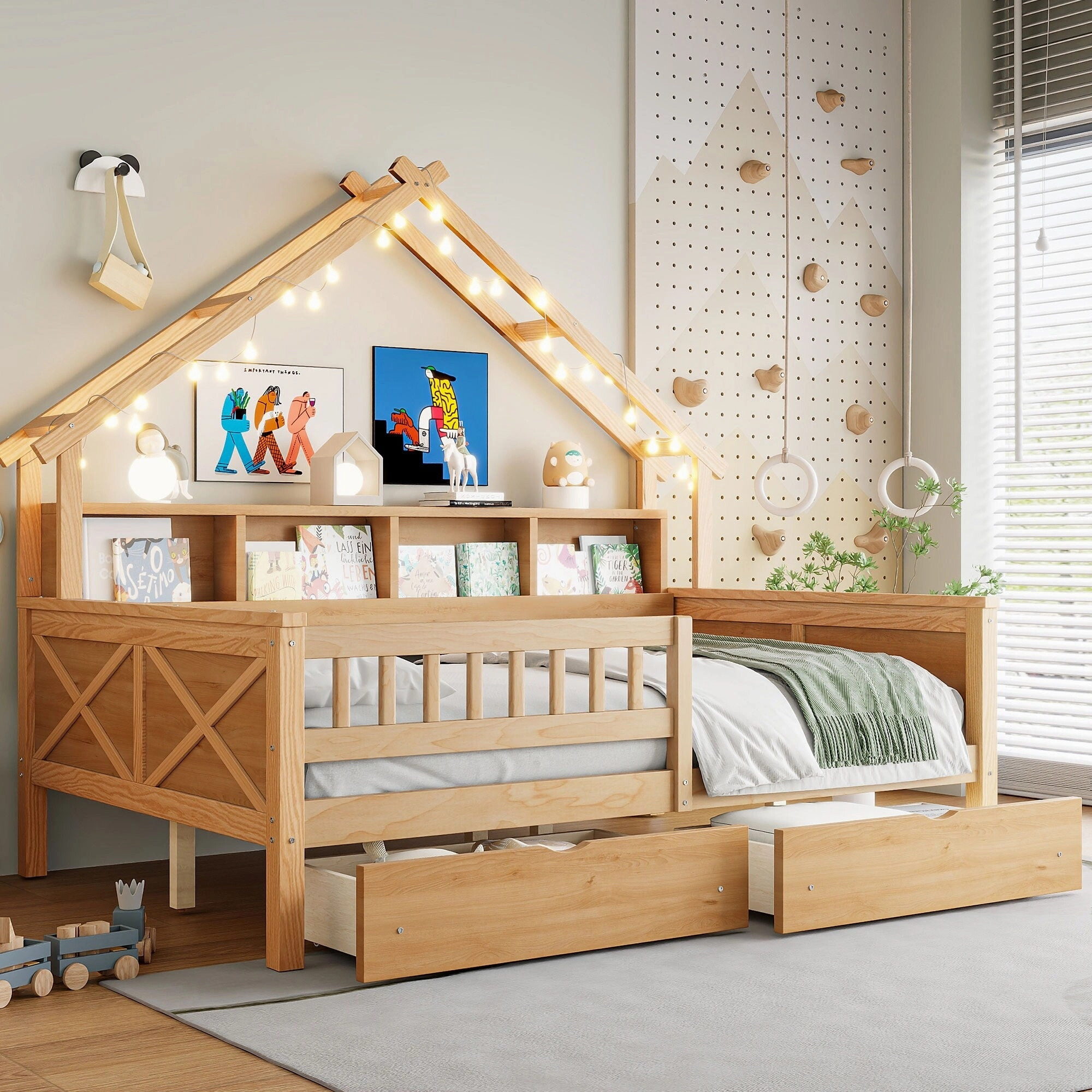 Full Size House Frame Platform Bed with LED Canopy. Storage Drawers & Bookshelf