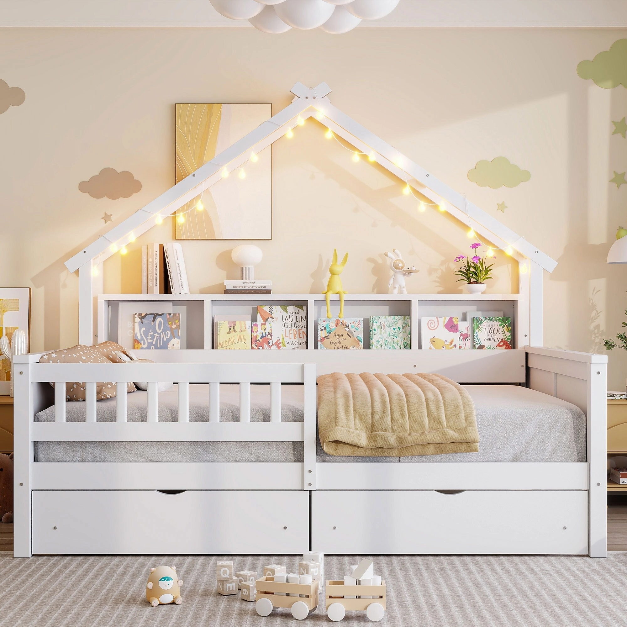 Full Size House Frame Platform Bed with LED Canopy. Storage Drawers & Bookshelf