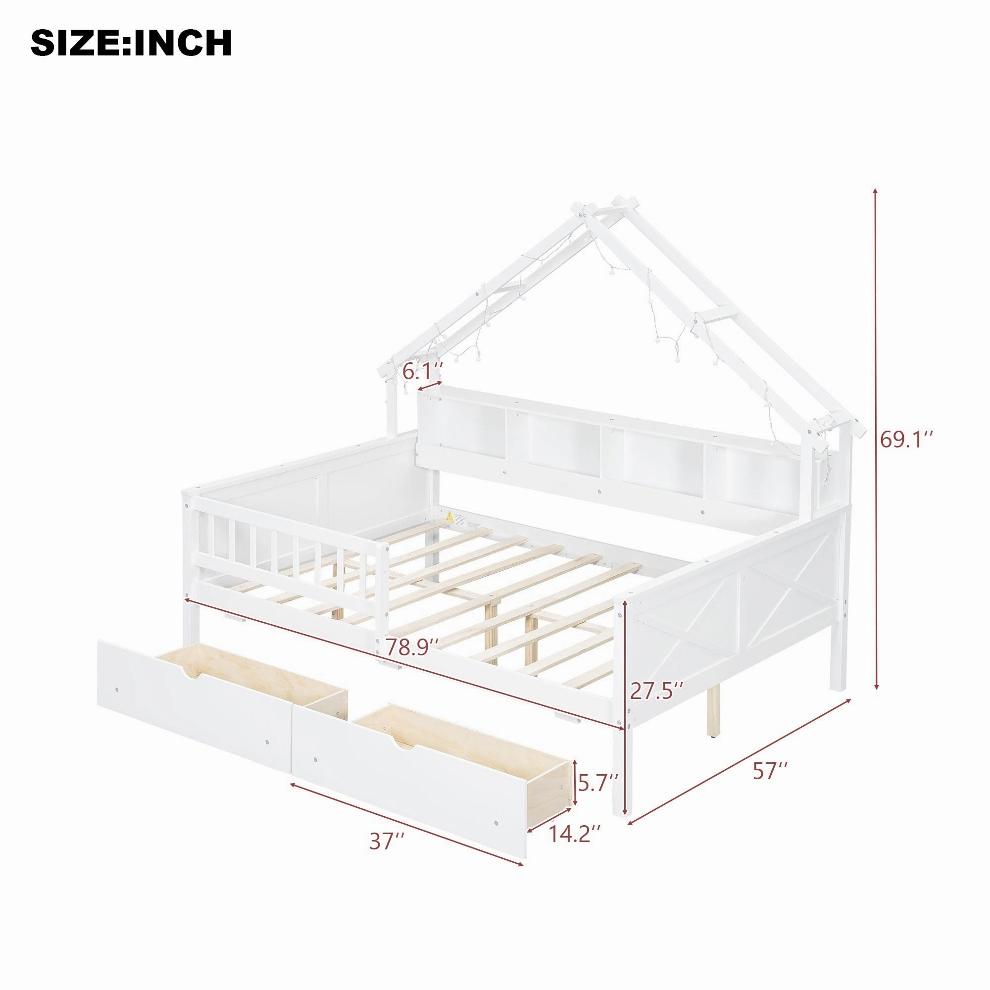 Full Size House Frame Platform Bed with LED Canopy. Storage Drawers & Bookshelf