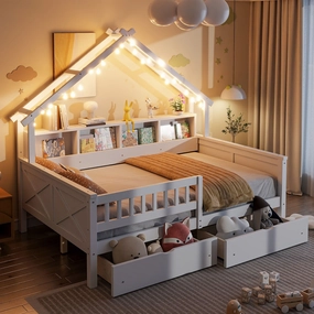 Full Size House Frame Platform Bed with LED Canopy. Storage Drawers & Bookshelf