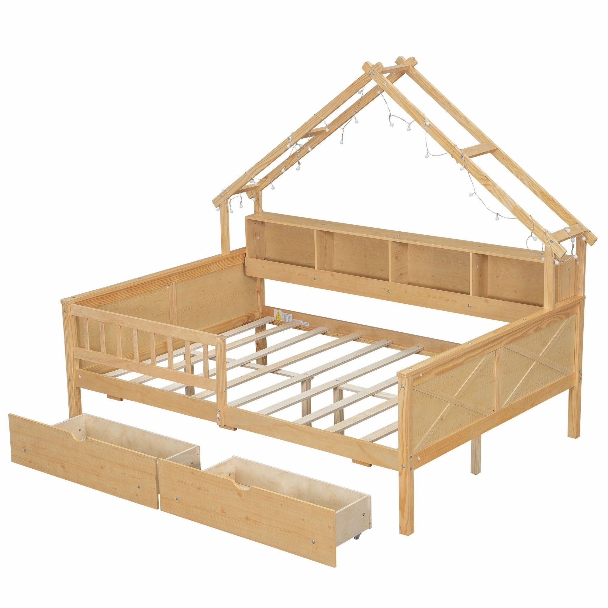 Full Size House Frame Platform Bed with LED Canopy. Storage Drawers & Bookshelf
