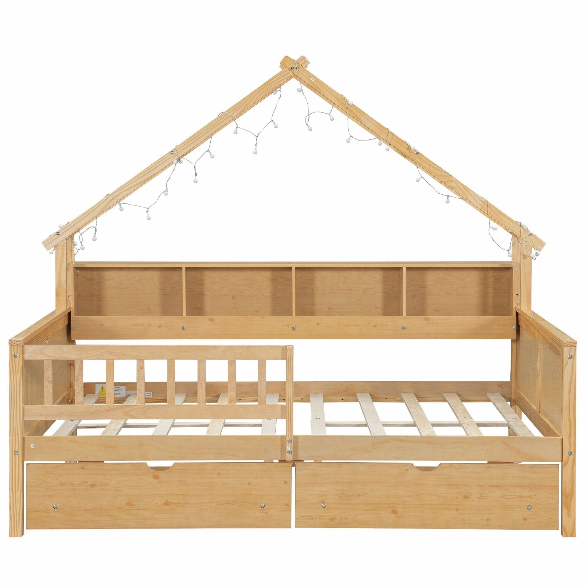 Full Size House Frame Platform Bed with LED Canopy. Storage Drawers & Bookshelf