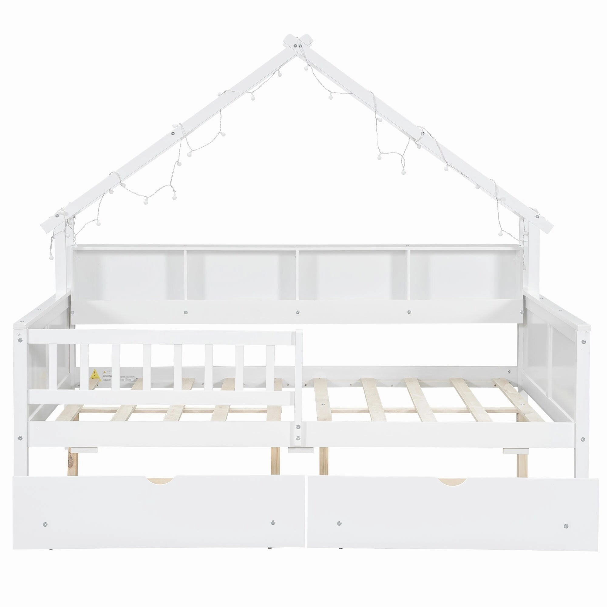 Full Size House Frame Platform Bed with LED Canopy. Storage Drawers & Bookshelf