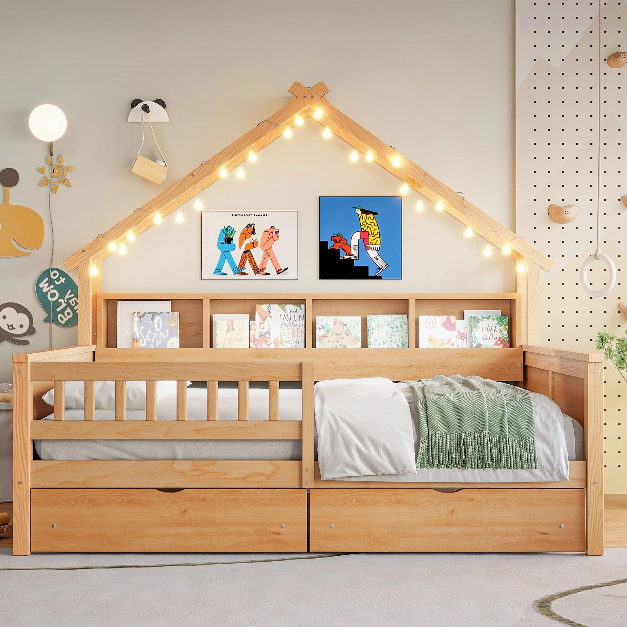 Full Size House Frame Platform Bed with LED Canopy. Storage Drawers & Bookshelf