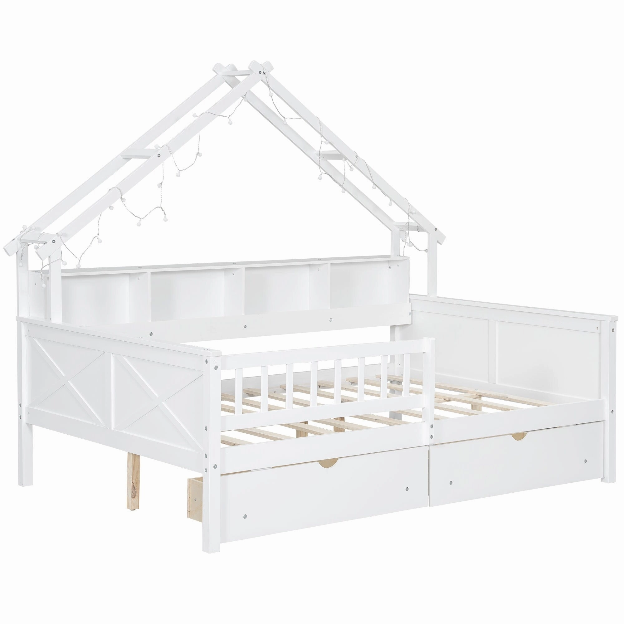 Full Size House Frame Platform Bed with LED Canopy. Storage Drawers & Bookshelf