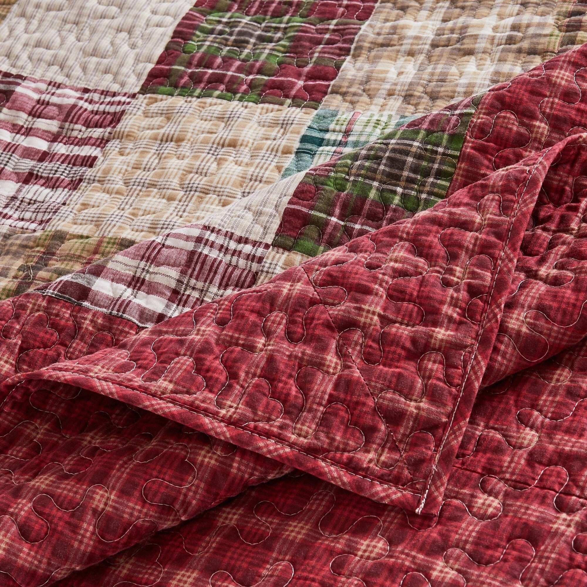Greenland Home Oxford Quilted Bedspread Set. Traditional Plaid. Cotton