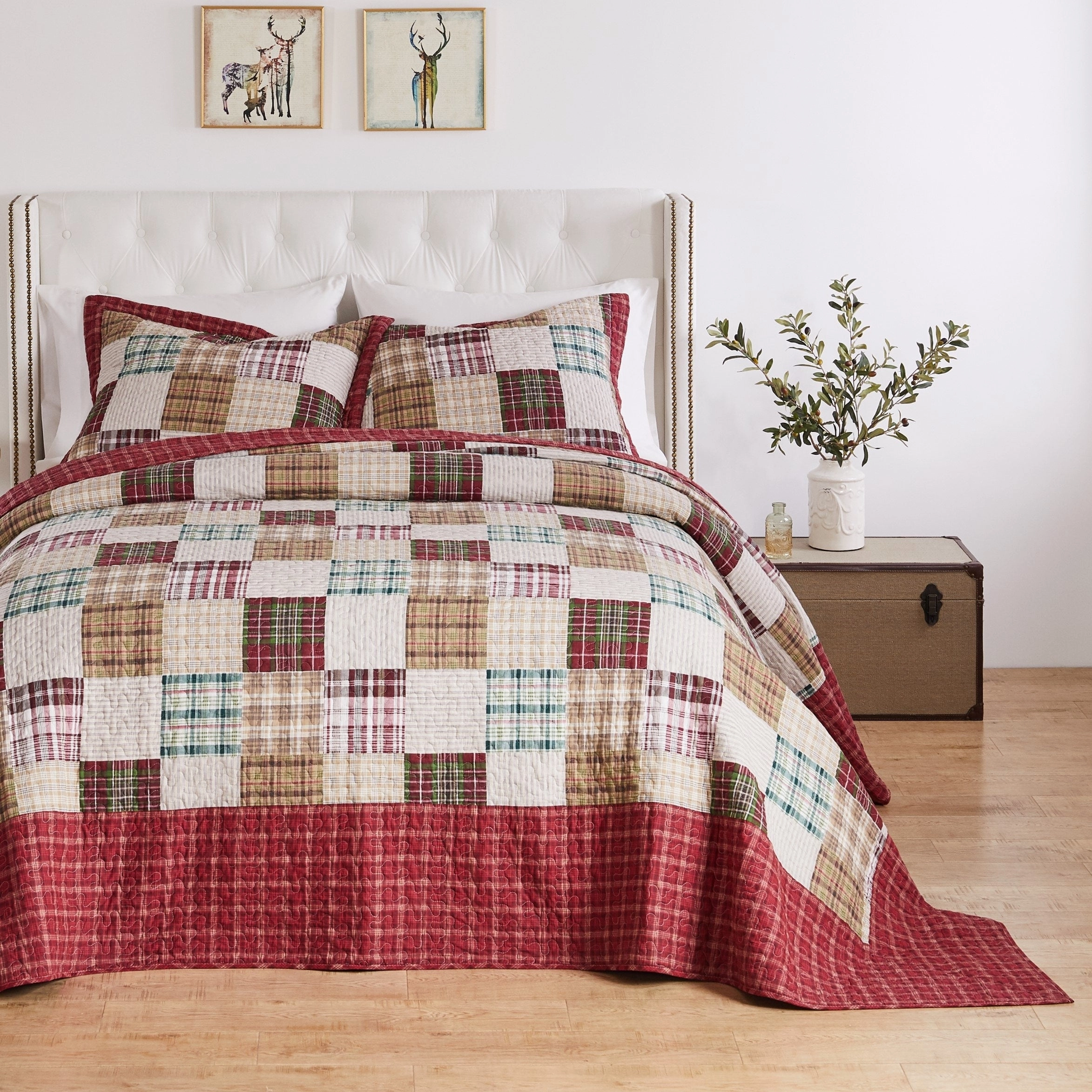 Greenland Home Oxford Quilted Bedspread Set. Traditional Plaid. Cotton