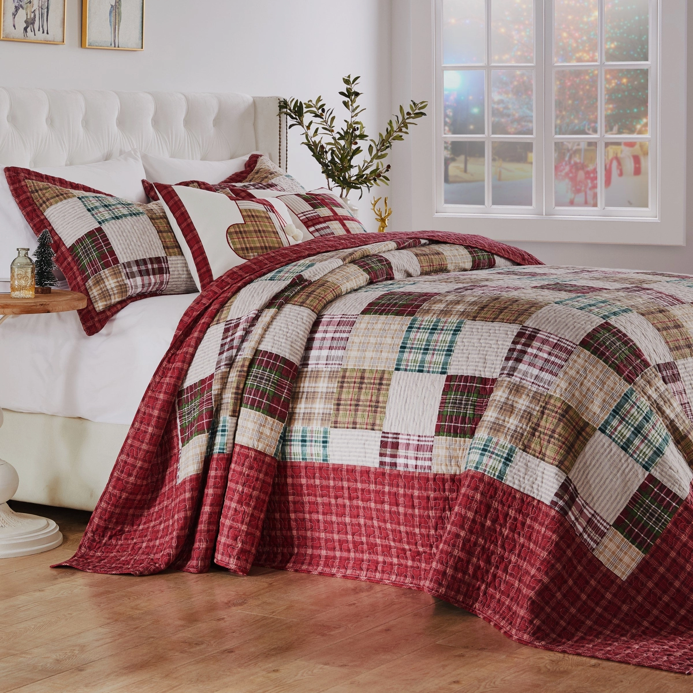 Greenland Home Oxford Quilted Bedspread Set. Traditional Plaid. Cotton