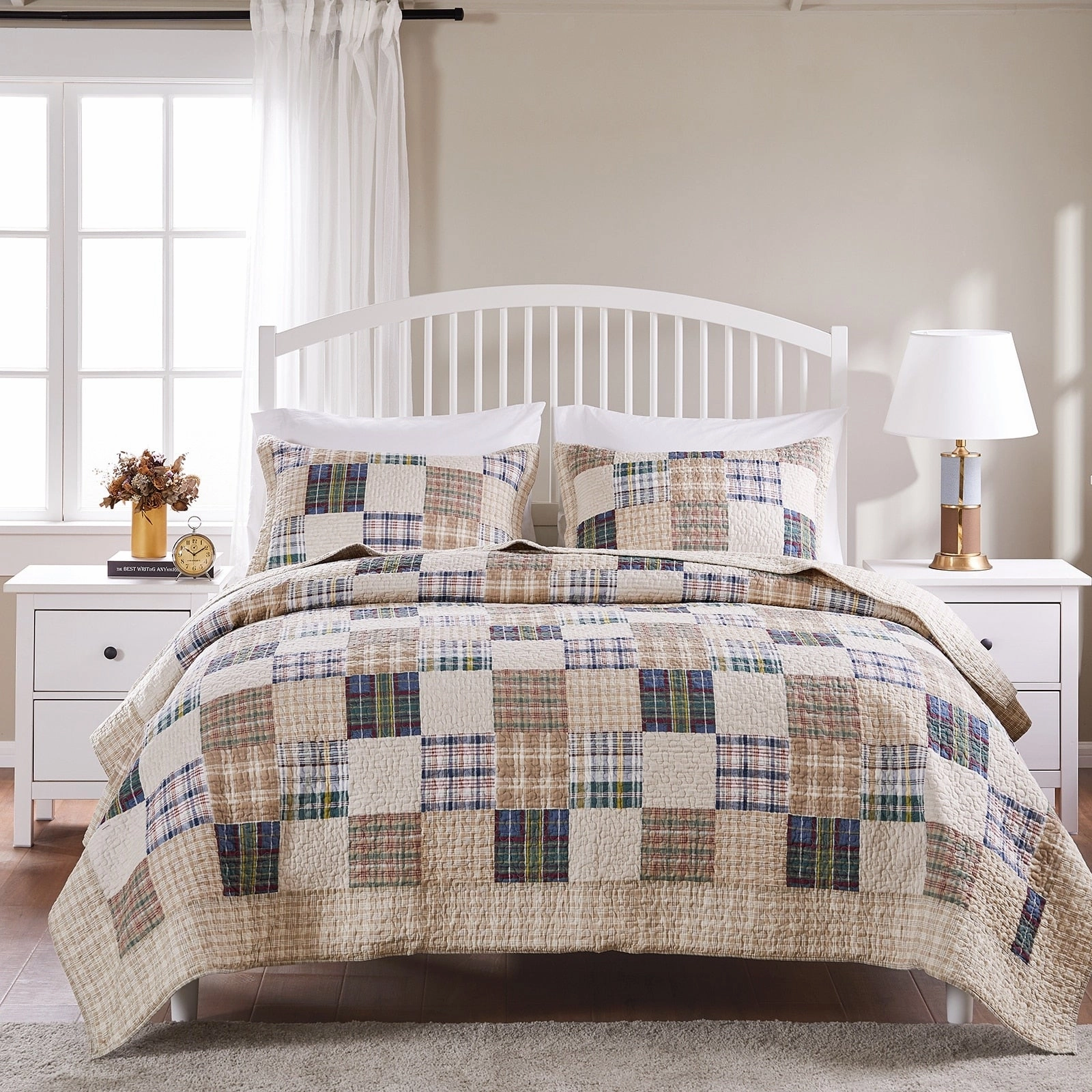 Greenland Home Oxford Quilted Bedspread Set. Traditional Plaid. Cotton